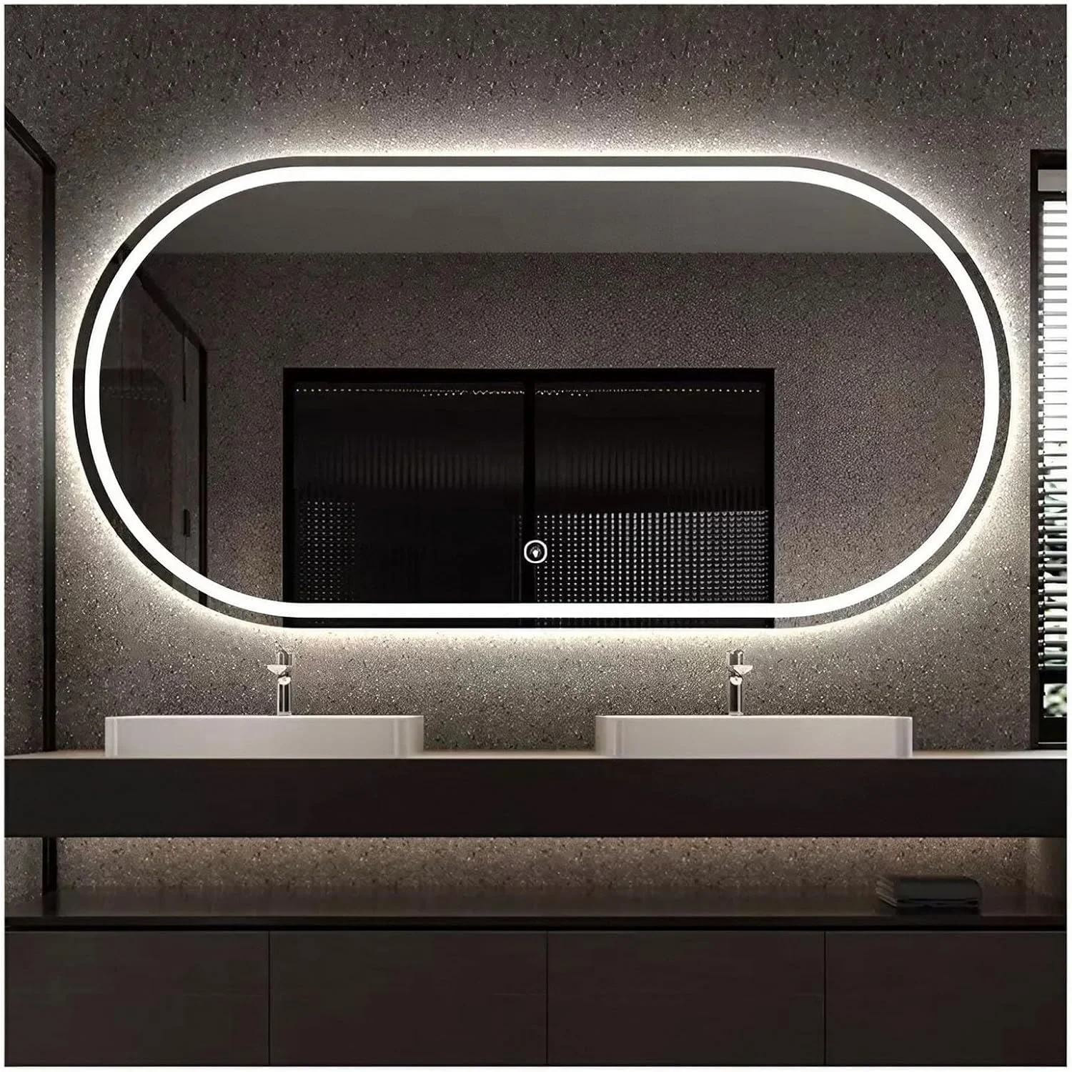 آینه حمام ال ای دی بیضی شکل 40 در 80 سانتی متر، آینه روشویی ضد بخار برای دیوار، آینه آرایش با قابلیت تنظیم نور سه رنگ و کلید لمسی، افقی