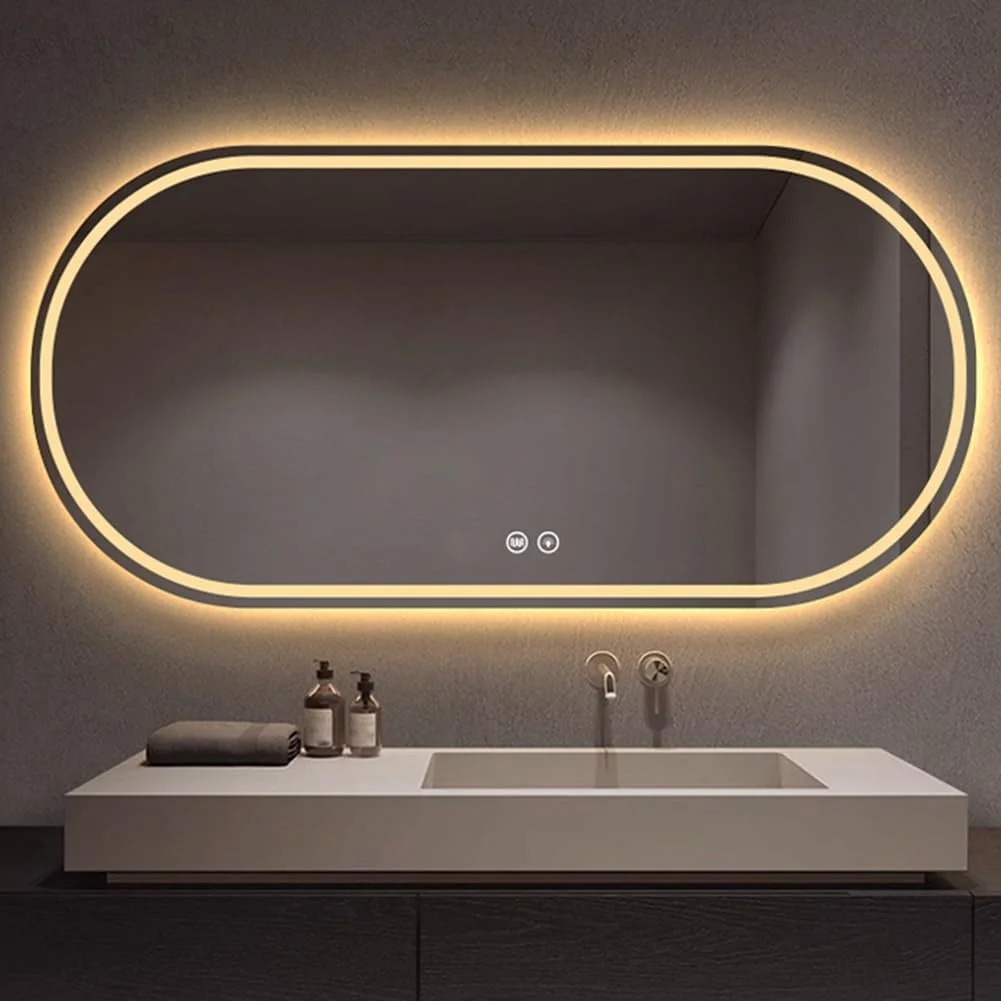آینه حمام ال ای دی بیضی شکل 40 در 80 سانتی متر، آینه روشویی ضد بخار برای دیوار، آینه آرایش با قابلیت تنظیم نور سه رنگ و کلید لمسی، افقی آینه حمام ال ای دی بیضی شکل 40 در 80 سانتی متر، آینه روشویی ضد بخار برای دیوار، آینه آرایش با قابلیت تنظیم نور سه رنگ و کلید لمسی، افقی