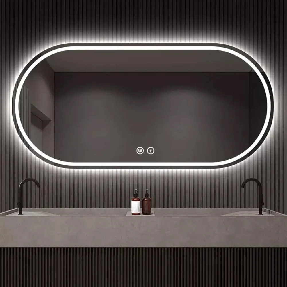 آینه حمام ال ای دی بیضی شکل 40 در 80 سانتی متر، آینه روشویی ضد بخار برای دیوار، آینه آرایش با قابلیت تنظیم نور سه رنگ و کلید لمسی، افقی آینه حمام ال ای دی بیضی شکل 40 در 80 سانتی متر، آینه روشویی ضد بخار برای دیوار، آینه آرایش با قابلیت تنظیم نور سه رنگ و کلید لمسی، افقی