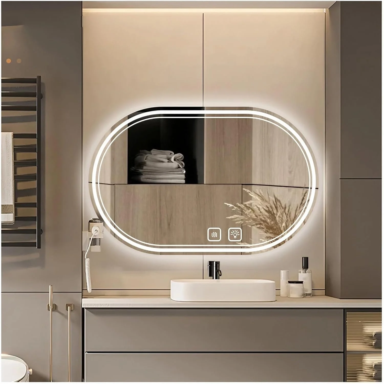 آینه حمام LED، آینه های روشویی ضد بخار 500 x 700 میلی متر با چراغ، آینه های آرایشی دیواری با دکمه لمسی و 3 رنگ با قابلیت تنظیم نور