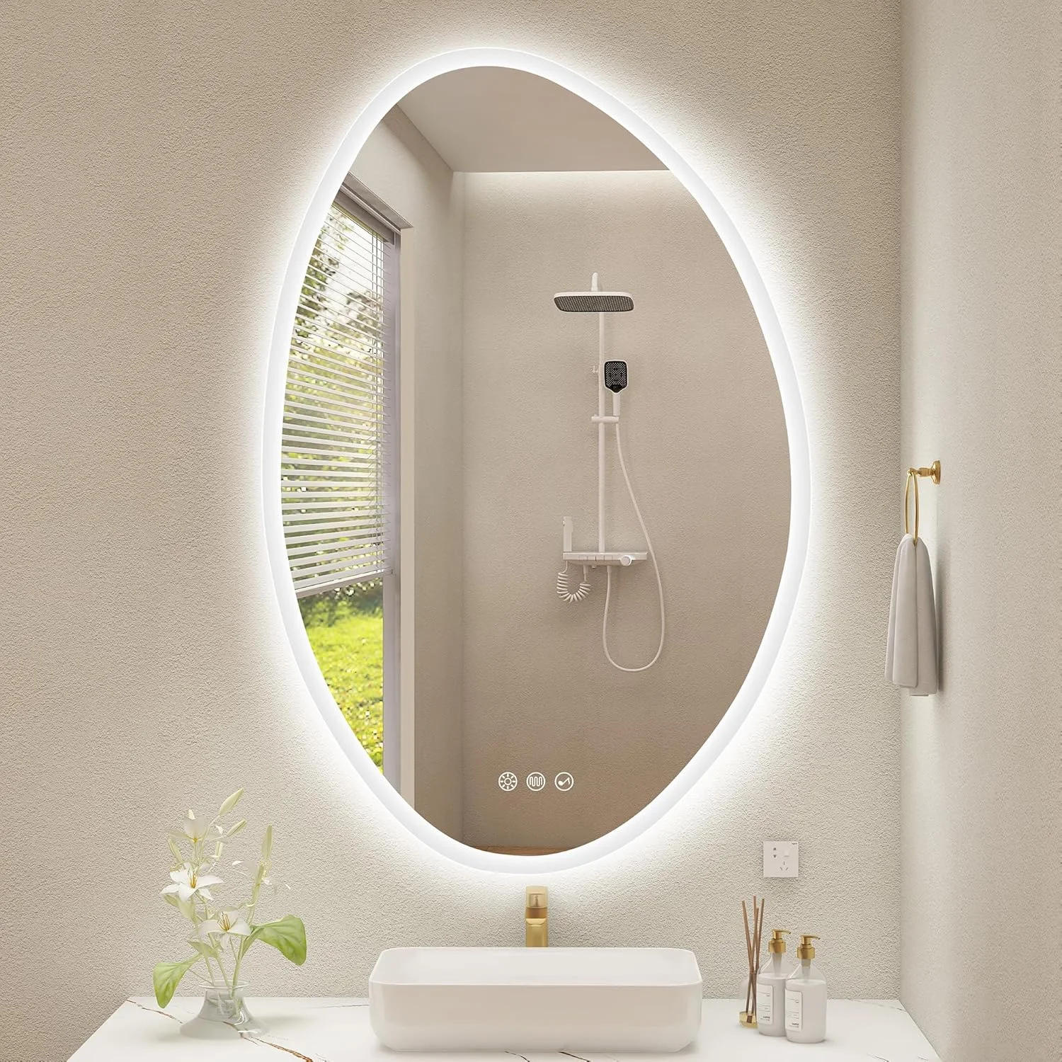 آینه حمام ال ای دی S·BAGNO با ابعاد 91x61 سانتی‌متر، دارای نور پس‌زمینه و نور جلو، ضد بخار، قابل نصب روی دیوار، دارای دمای رنگ 3000K/4000K/6500K، آینه هوشمند دیمرپذیر با بلندگوی بلوتوث داخلی