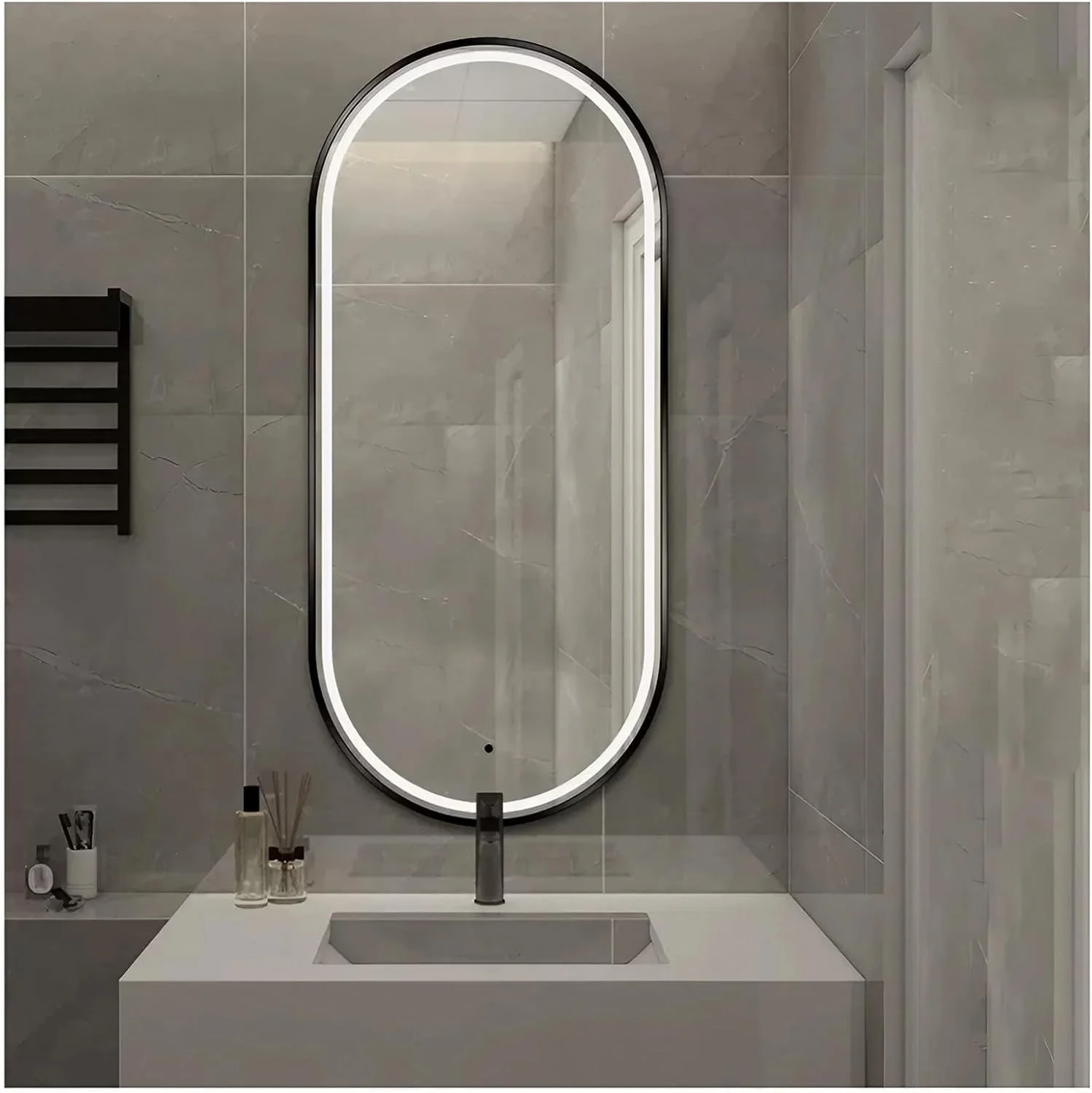 آینه حمام با قاب مشکی و نور، 50 در 70 سانتی متر، آینه ضد بخار با دکمه لمسی، آینه آرایشی با قابلیت تنظیم دمای رنگ در 3 حالت و شیشه ضد شکست