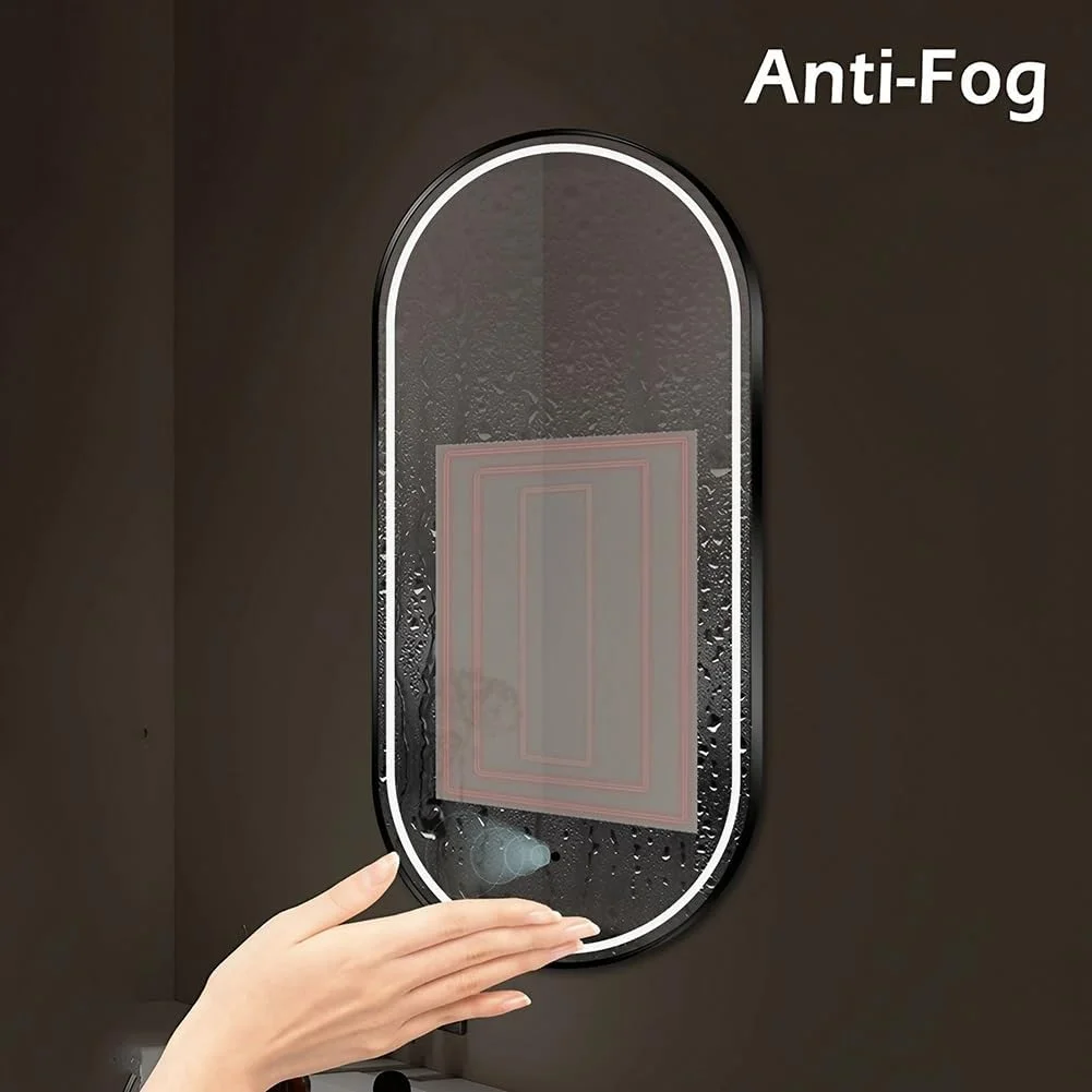آینه حمام با قاب مشکی و نور، 50 در 70 سانتی متر، آینه ضد بخار با دکمه لمسی، آینه آرایشی با قابلیت تنظیم دمای رنگ در 3 حالت و شیشه ضد شکست