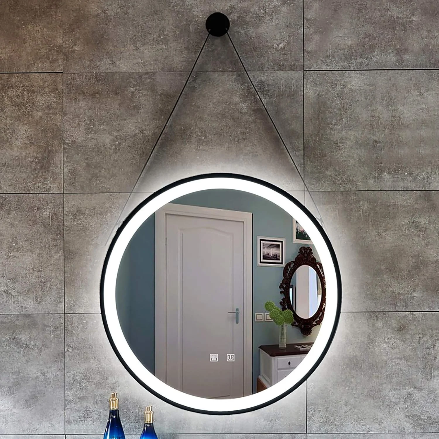 آینه گرد حمام LED با نور پس زمینه PaRfco، آینه آرایشی دکمه لمسی گرد دیواری با ضخامت 5 میلی متر، آینه حمام آویز با حاشیه آهن فرفورژه، طلایی/مشکی (رنگ: B، اندازه: نور سفید)