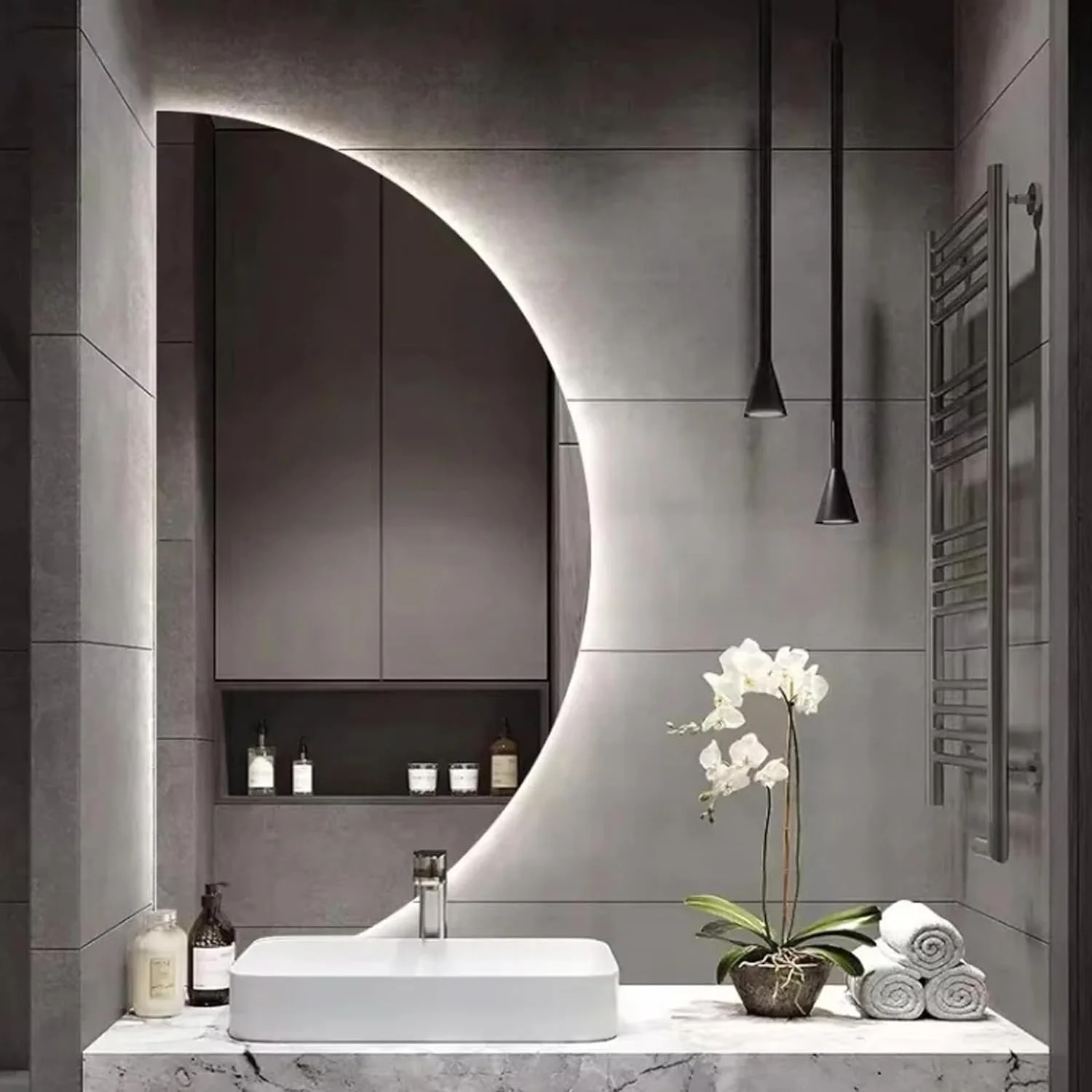 آینه حمام LED وی‌پارتی با نور، آینه روشویی نیم‌دایره LED برای دیوار، آینه حمام بزرگ با نور پس‌زمینه، دیمر دار، 3 رنگ، آینه هوشمند حمام (85x170 سانتی متر)