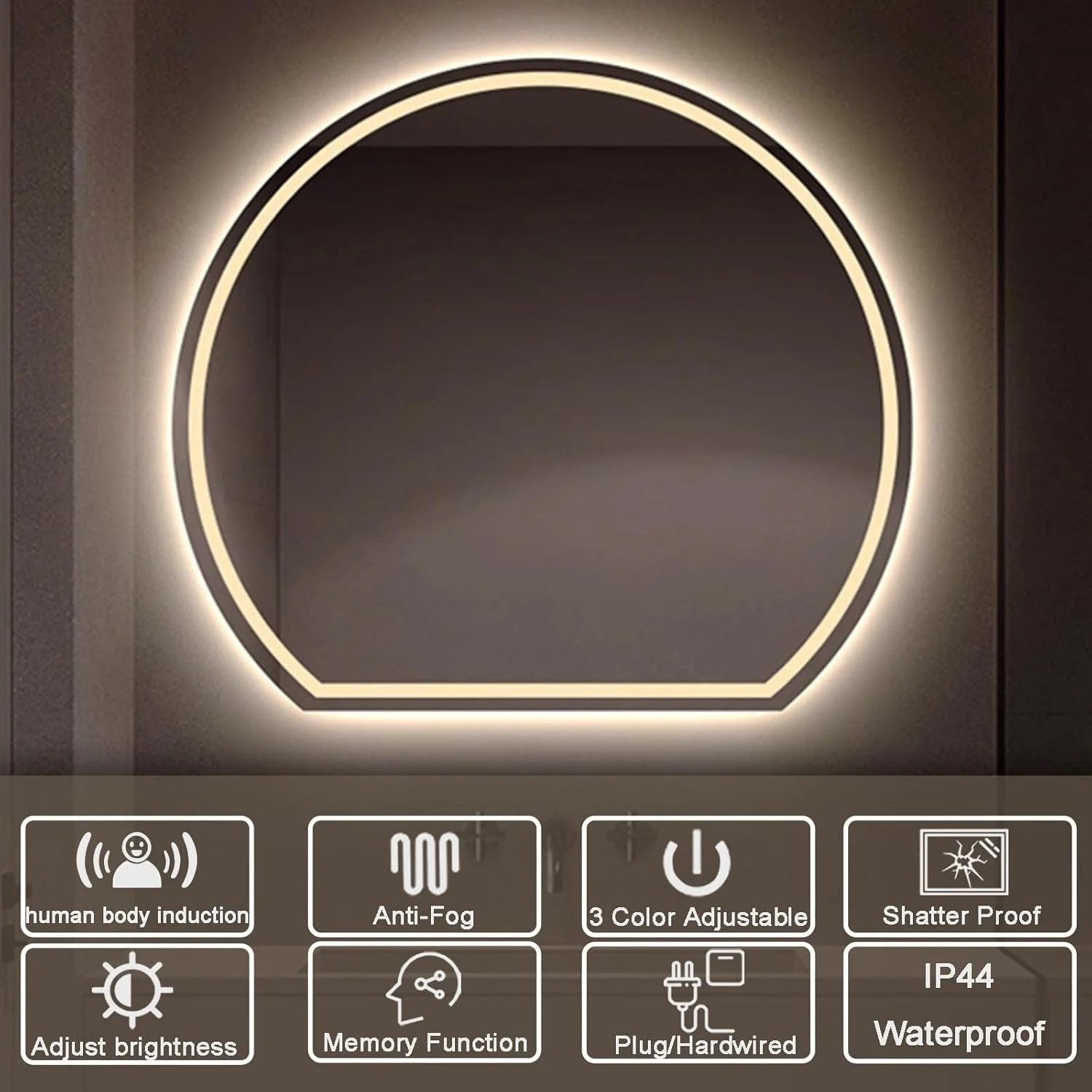 آینه حمام LED با حسگر لمسی، آینه روشن با نور ضد مه، ضد آب IP44، حافظه روشنایی، حسگر بدن انسان، آینه روشویی با نور با قابلیت تنظیم 3 رنگ، نصب دیواری