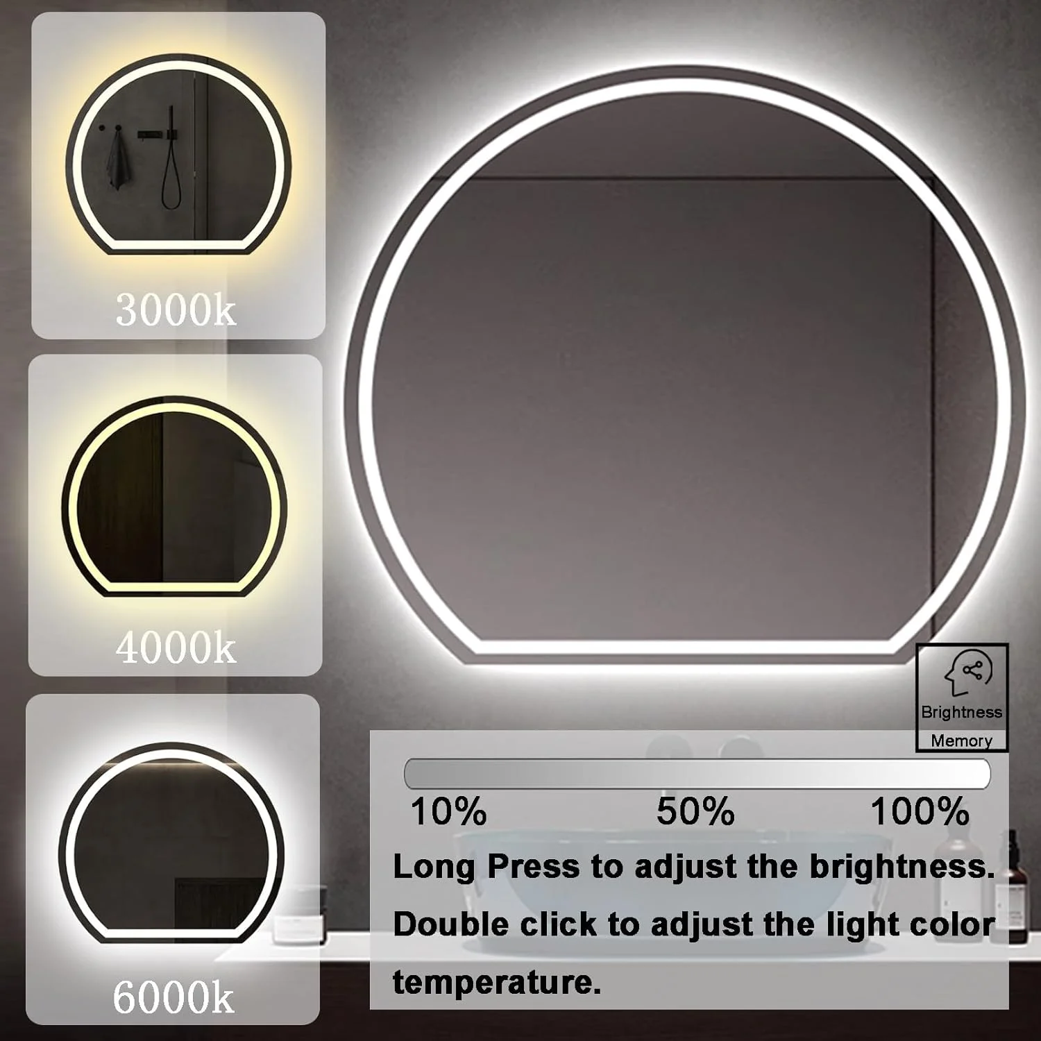 آینه حمام LED با حسگر لمسی، آینه روشن با نور ضد مه، ضد آب IP44، حافظه روشنایی، حسگر بدن انسان، آینه روشویی با نور با قابلیت تنظیم 3 رنگ، نصب دیواری