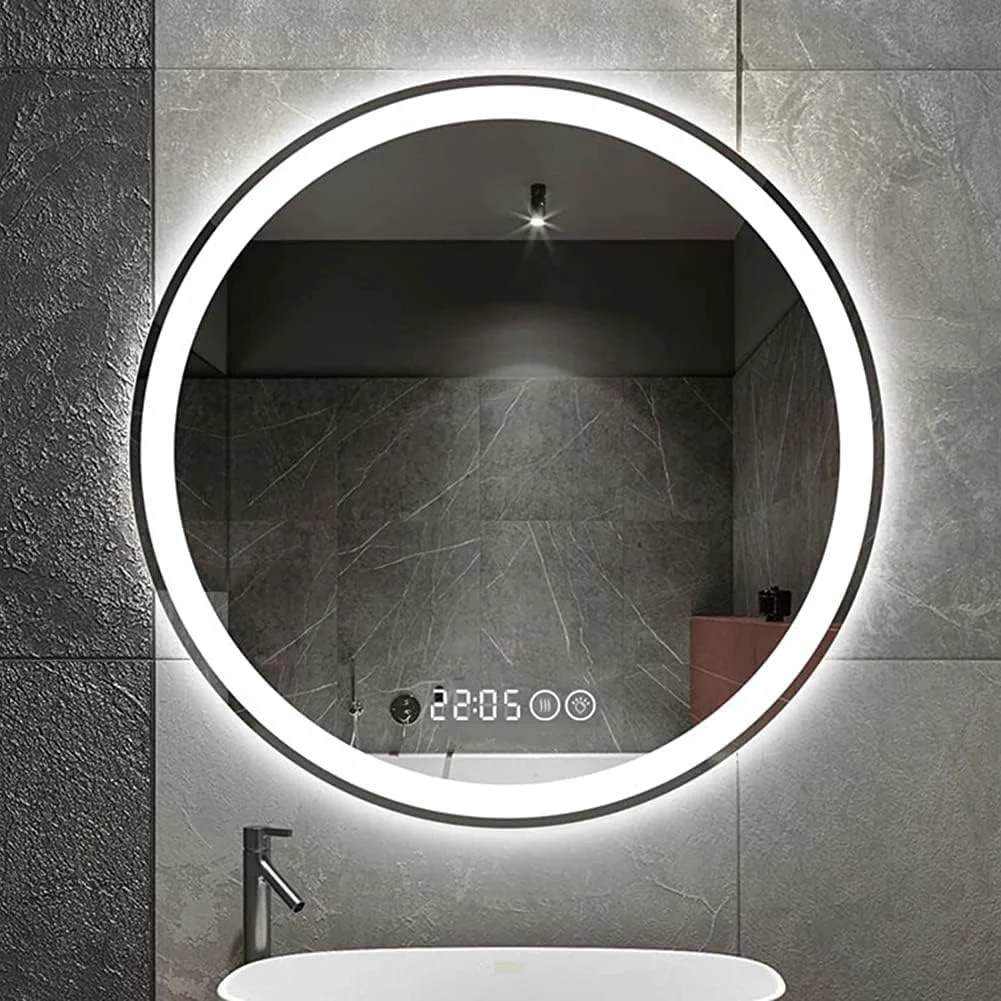 آینه دیواری حمام با چراغ های ال ای دی، آینه آرایشی گرد با نور پس زمینه، کلید لمسی + زمان/دما + ضد بخار، آینه آرایشی روشن Zeenyi