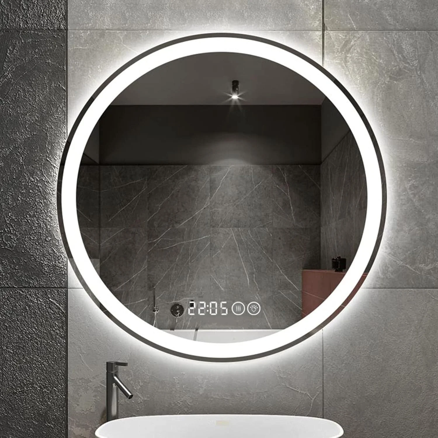 آینه دیواری حمام با چراغ های ال ای دی، آینه آرایشی گرد با نور پس زمینه، کلید لمسی + زمان/دما + ضد بخار، آینه آرایشی روشن Zeenyi