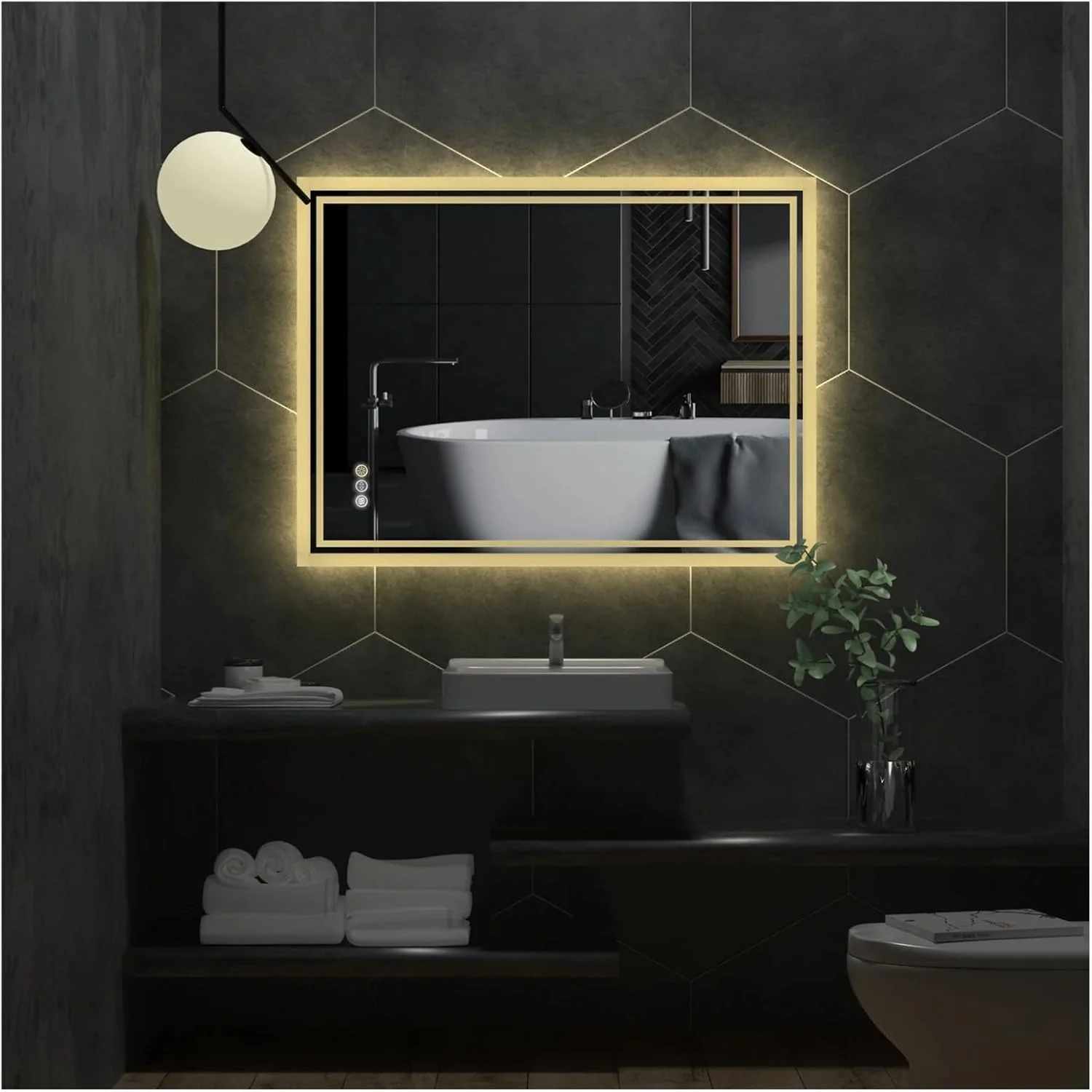 آینه حمام با نور پس زمینه LED، آینه روشویی حمام با چراغ، ضد بخار، دیمر دار، دکمه لمسی، ضد آب، آینه دیواری بدون قاب