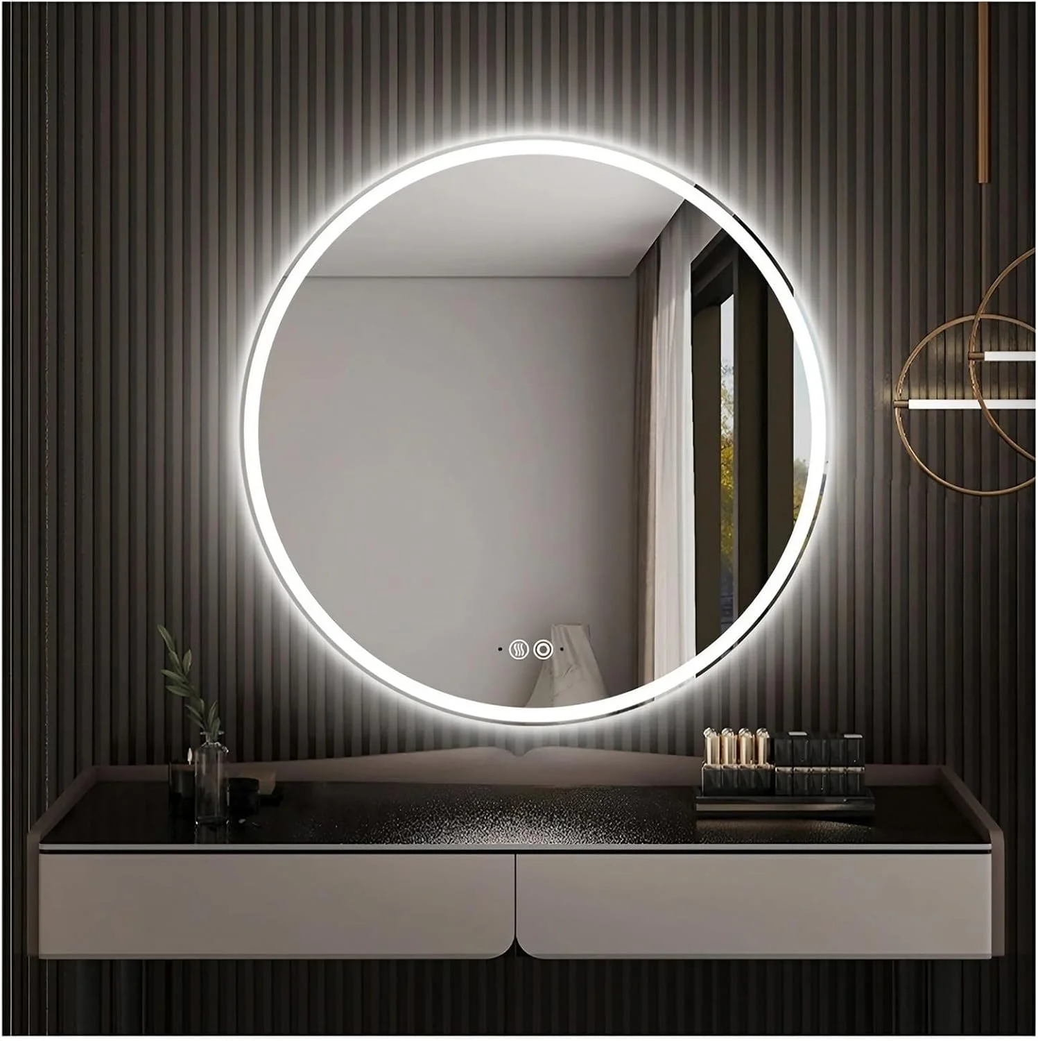 آینه حمام ال ای دی 60 سانتی متری، آینه آرایشی با نور پس زمینه و جلو با ضد بخار برای دیوار، آینه گرد با قابلیت تنظیم نور لمسی