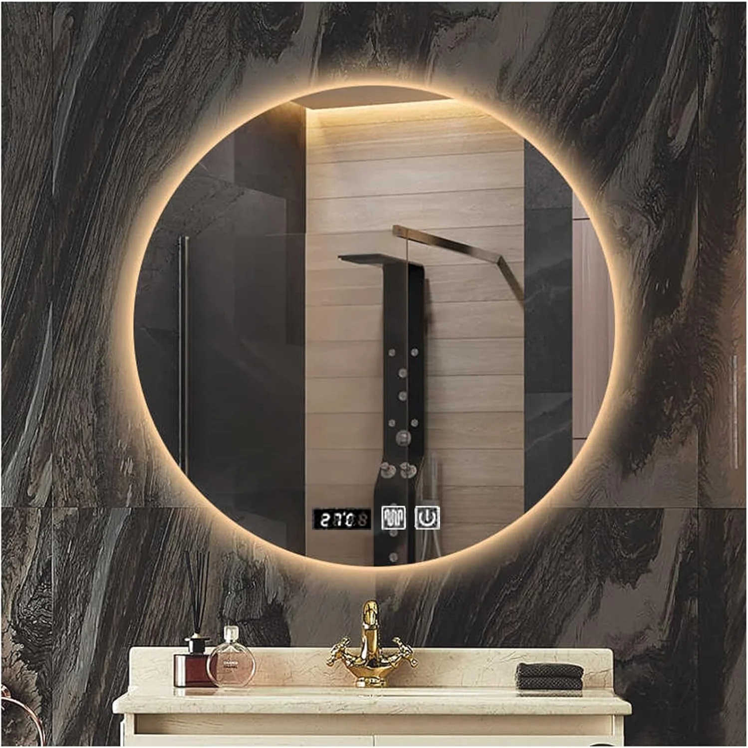 آینه حمام با چراغ های ال ای دی، آینه گرد حمام با چراغ، آینه حمام با نور پس زمینه، آینه روشویی دیواری با قابلیت تنظیم نور، ضد بخار، مقاوم در برابر شکستگی (H60*W60cm/H23.6*W23.6IN)