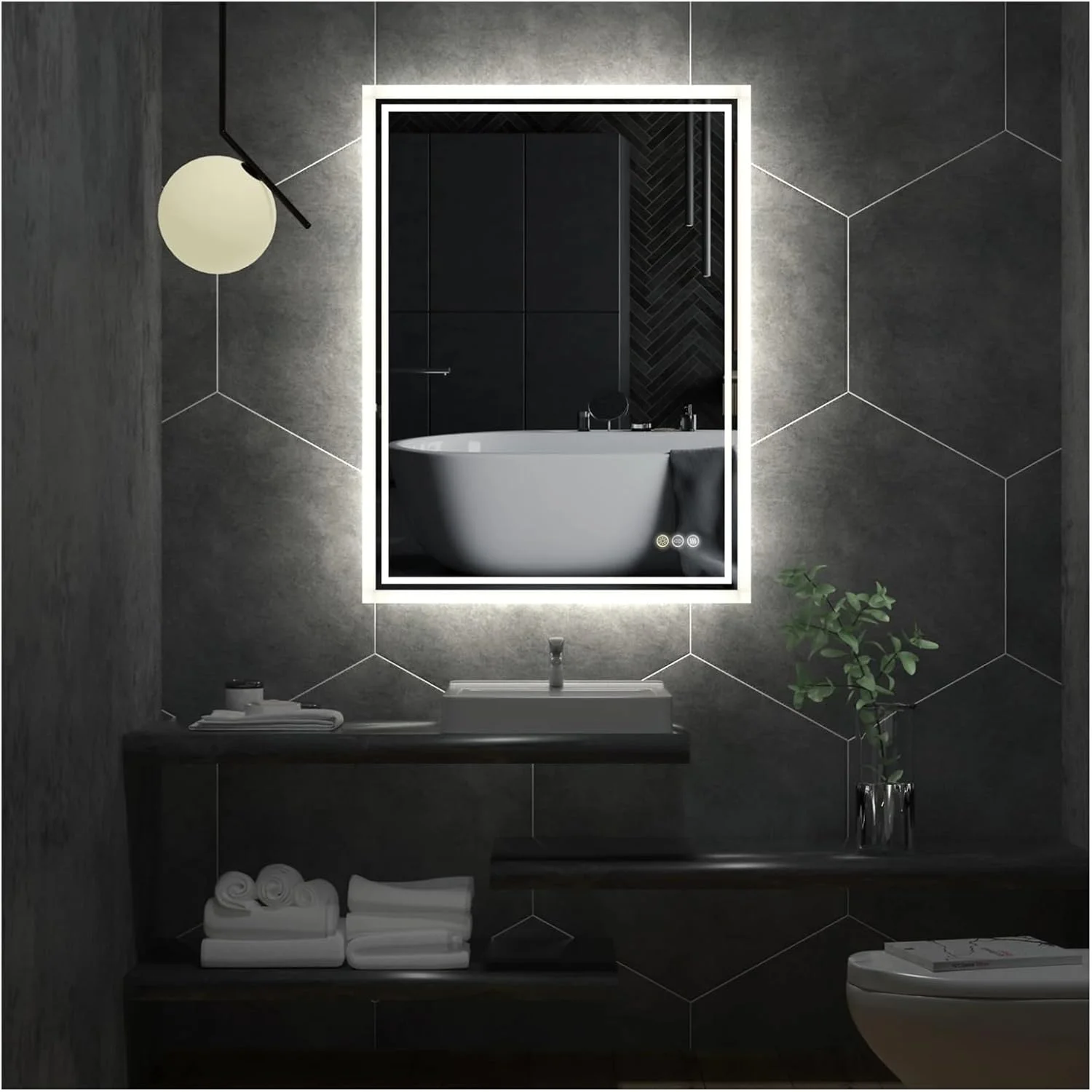 آینه حمام LED با نور پس زمینه، آینه روشویی حمام با چراغ، ضد بخار، دیمر دار، دکمه لمسی، ضد آب، آینه دیواری بدون قاب