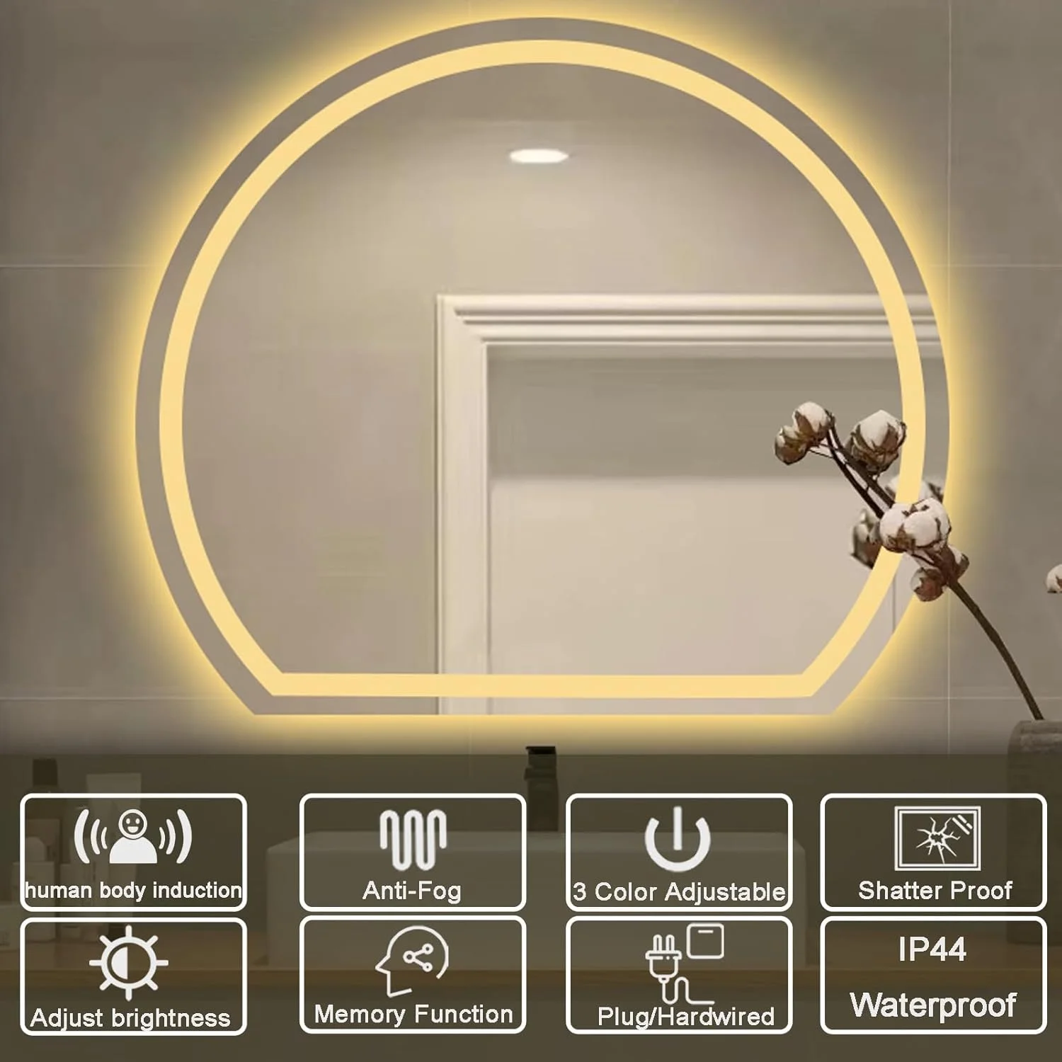 آینه ال ای دی برای روشویی حمام سایز 24 در 28 اینچ، آینه نور پس زمینه دار، آینه حمام ال ای دی ضد بخار، آینه های روشویی ضد بخار، آینه چراغ دار با 3 رنگ قابل تنظیم، مدل Samrt M