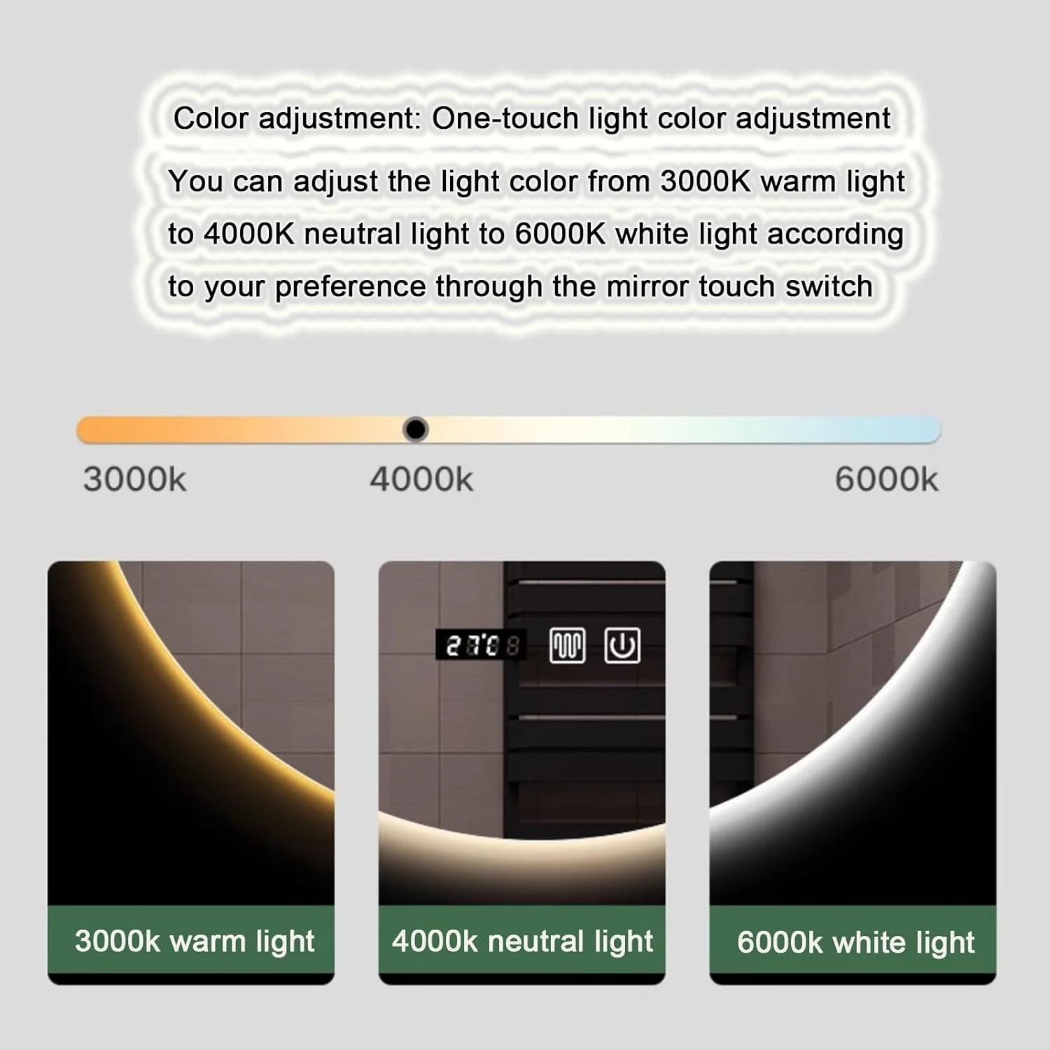 آینه حمام با چراغ های ال ای دی، آینه گرد حمام با چراغ، آینه حمام با نور پس زمینه، آینه روشویی دیواری با قابلیت تنظیم نور، ضد بخار، مقاوم در برابر شکستگی (H60*W60cm/H23.6*W23.6IN)