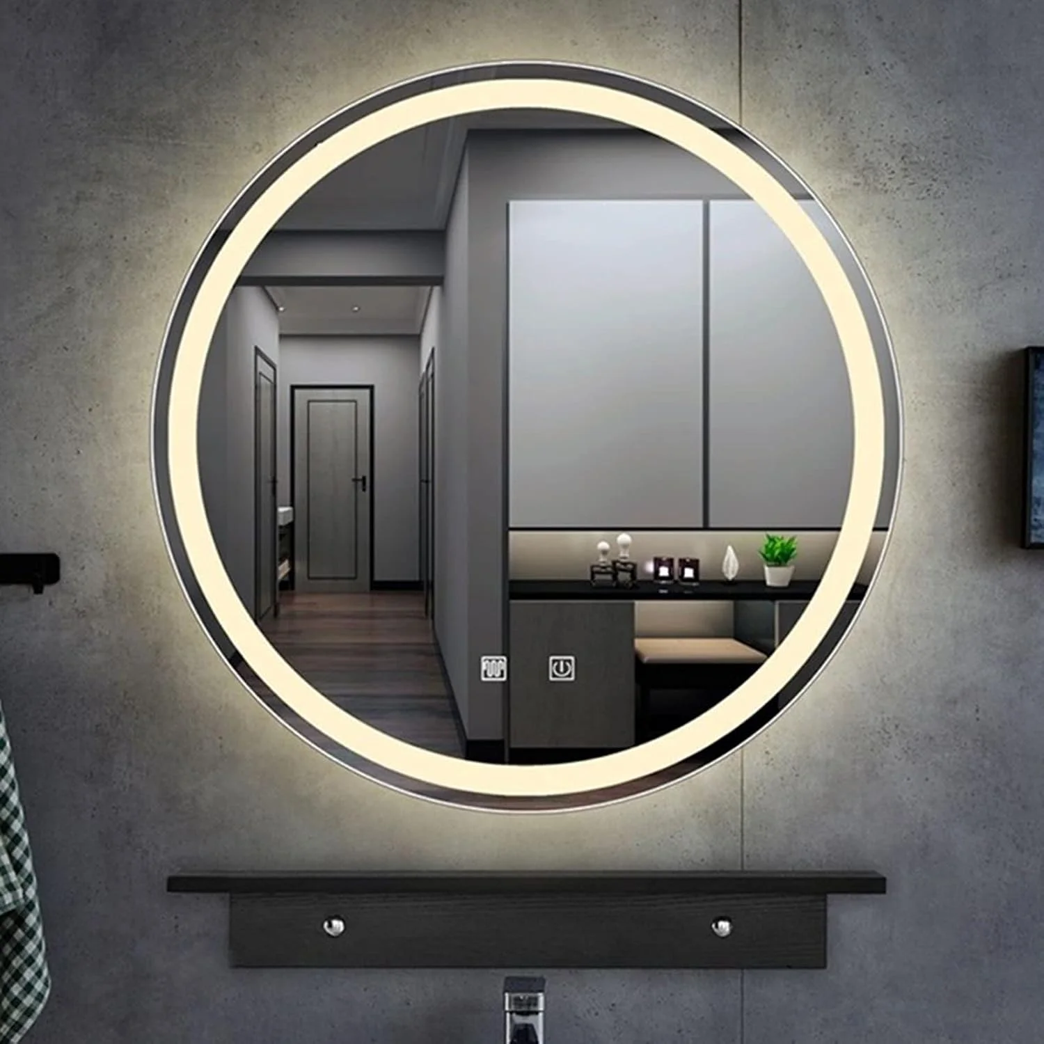 آینه حمام با نور پس زمینه LED، نصب شده روی دیوار، مناسب برای روشویی، دارای سیستم ضد بخار، نور سفید/نور گرم Leunlee