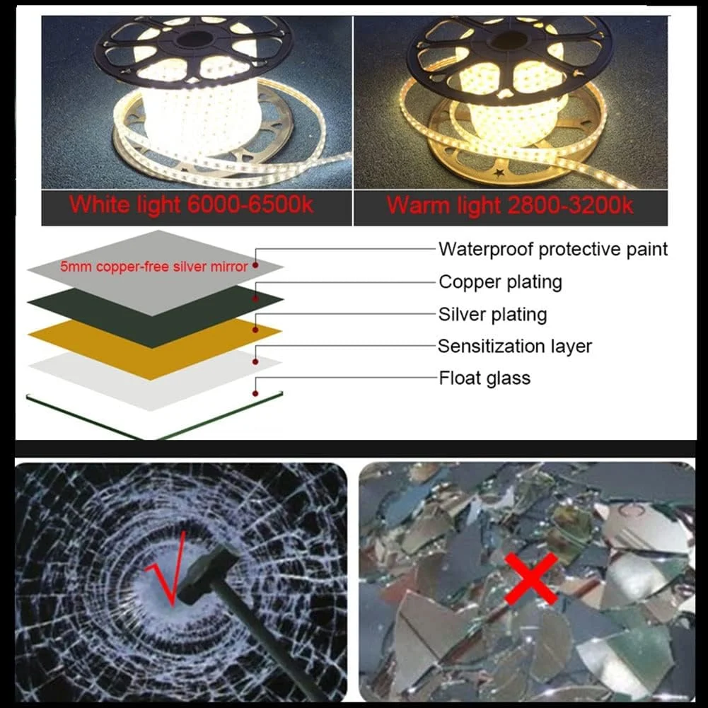 آینه حمام بزرگ با نور پس زمینه، آینه روشویی با نور LED، نصب شده روی دیوار Zeenyi