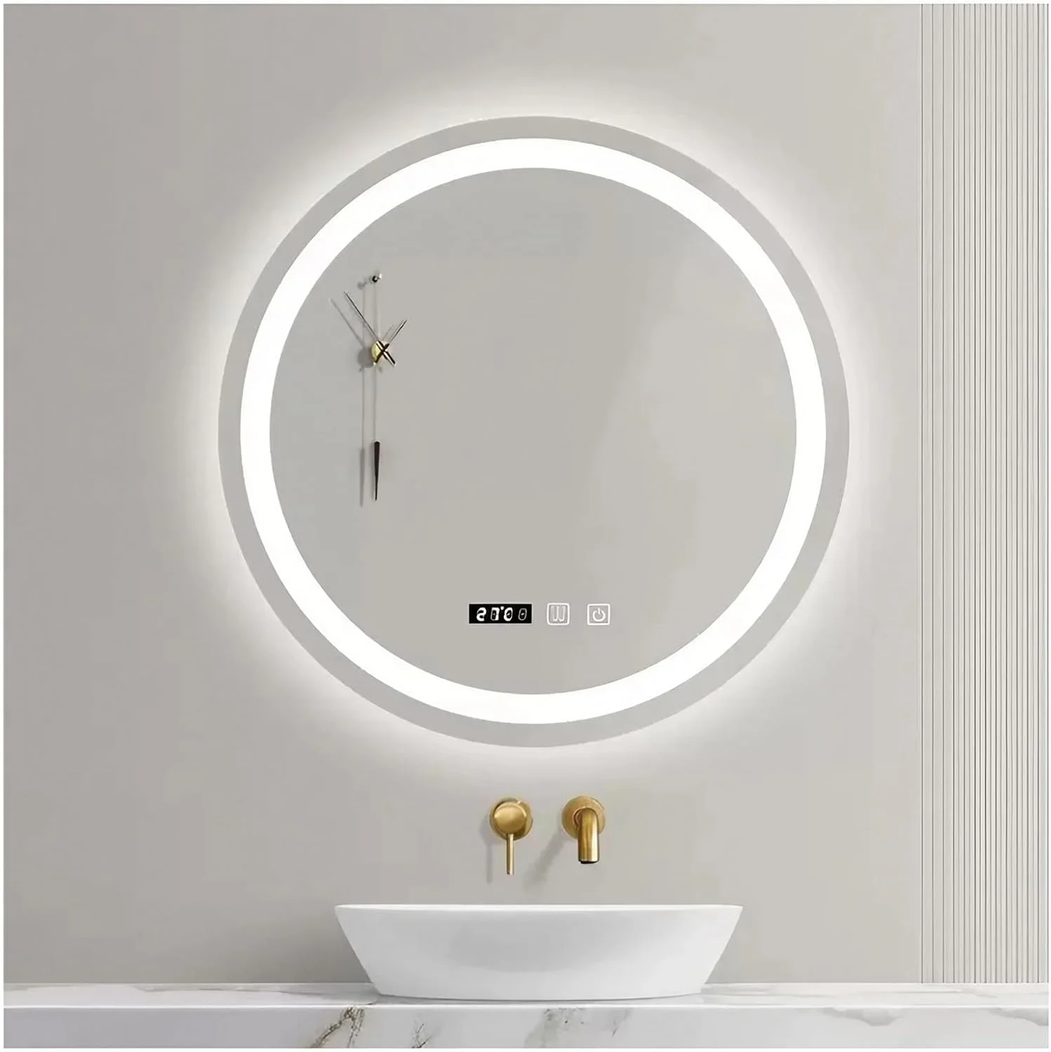 آینه حمام ال ای دی گرد 50 سانتی متری با چراغ، آینه روشویی دیواری با نور پس زمینه و ضد بخار، 3 رنگ قابل تنظیم با حسگر لمسی