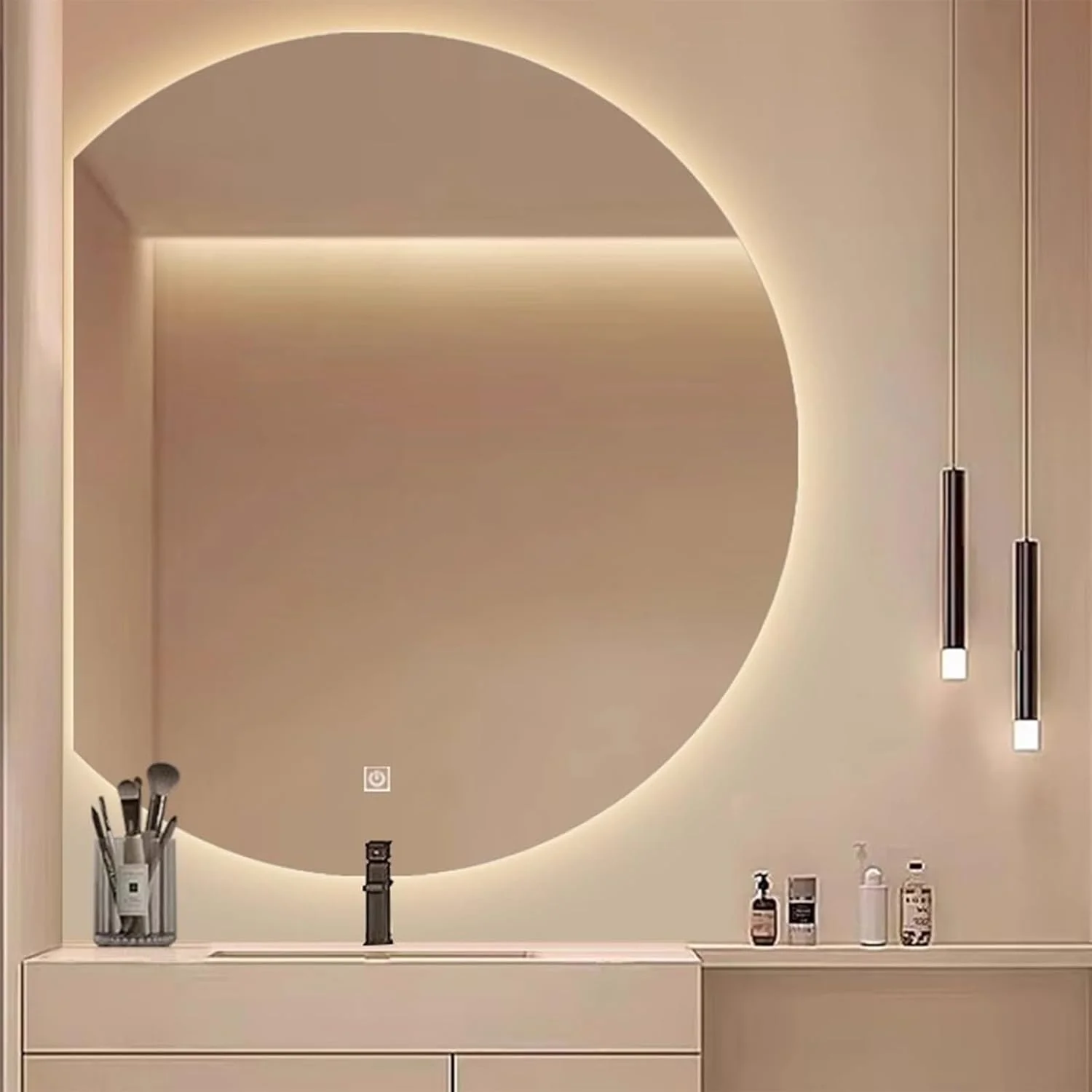 آینه نیم گرد، آینه حمام LED نیم گرد، کلید لمسی هوشمند، روشنایی قابل تنظیم 3 رنگ، ضد بخار هوشمند، ضد انفجار، آینه دیواری برای دکوراسیون حمام (نور گرم، 90 سانتی متر)