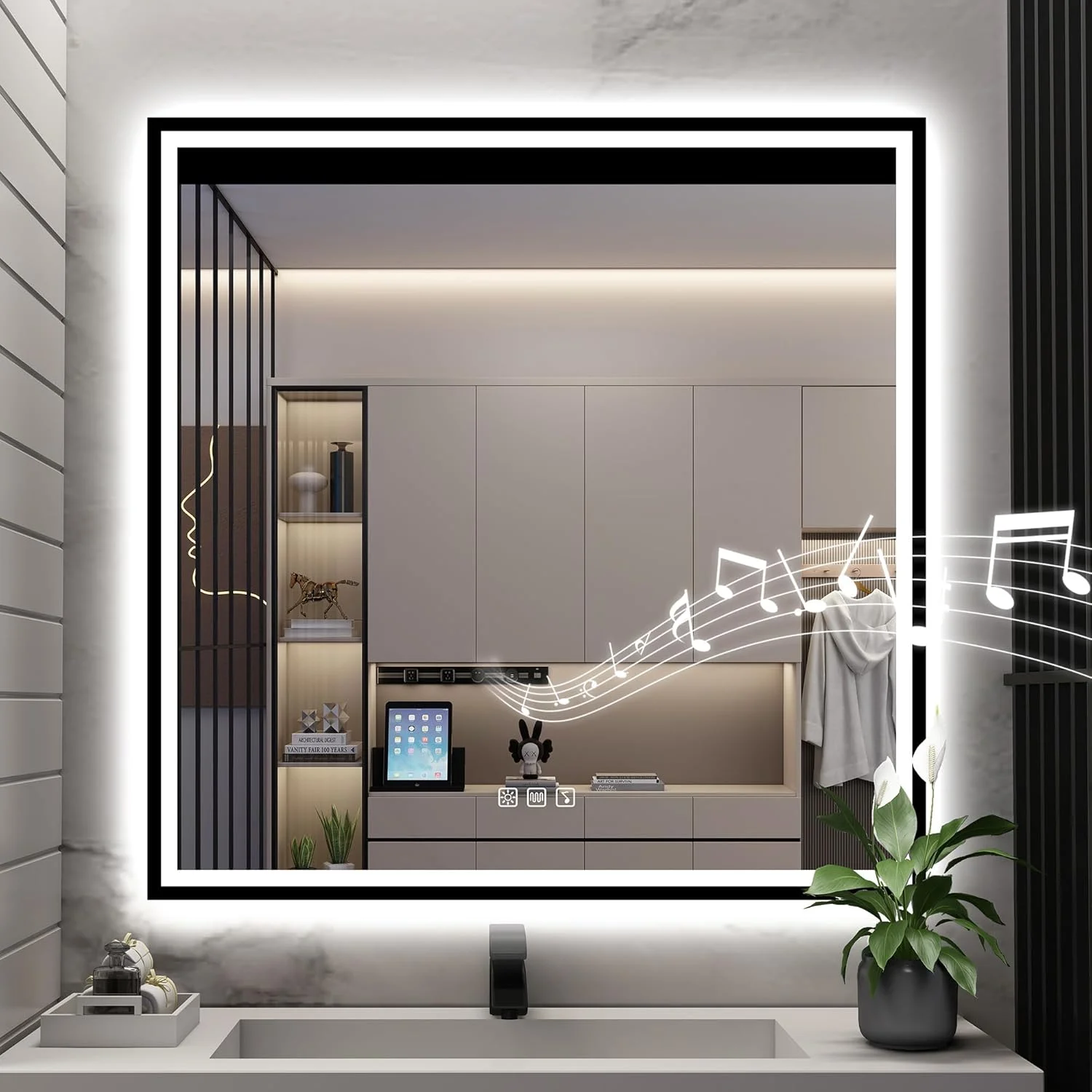 آینه حمام ال ای دی S·BAGNO با ابعاد 91x91 سانتی‌متر، آینه دیواری روشویی حمام با بلوتوث، ضد بخار، با قابلیت تنظیم نور پیوسته، 3 رنگ، آینه روشویی شیشه‌ای حرارت دیده برای حمام