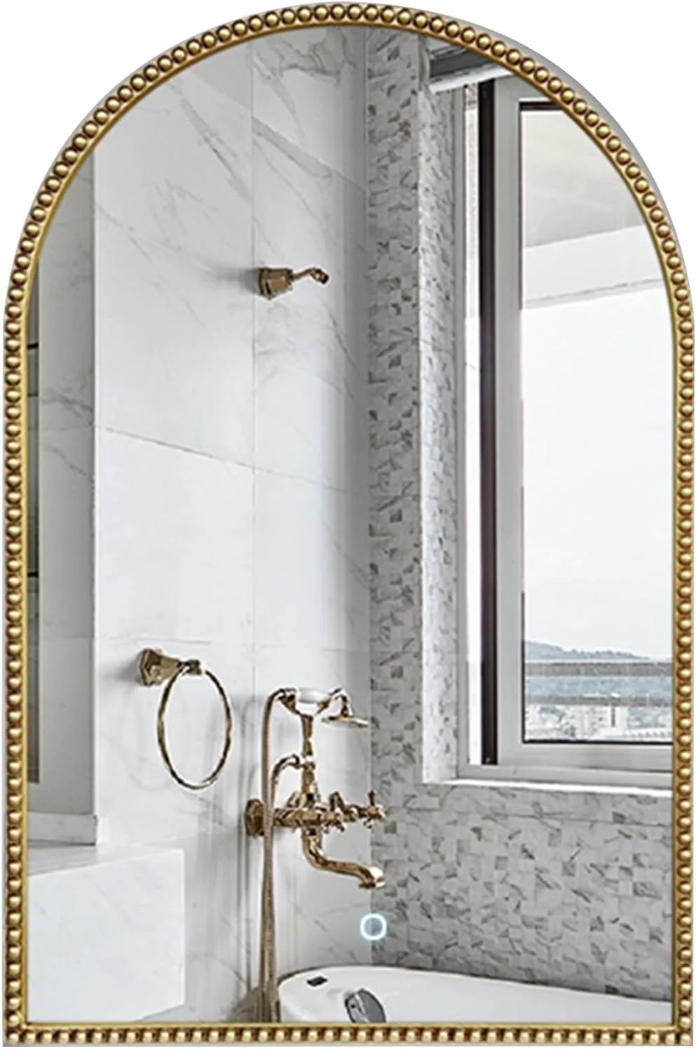 آینه قوسی حمام، دکوراسیون آینه برنزی شامپاین برای حمام، آینه ضد بخار هوشمند حمام، کلید لمسی، آینه HD ضد انفجار حمام با چراغ، مناسب برای هر دکوراسیون منزل (نور عتیقه)
