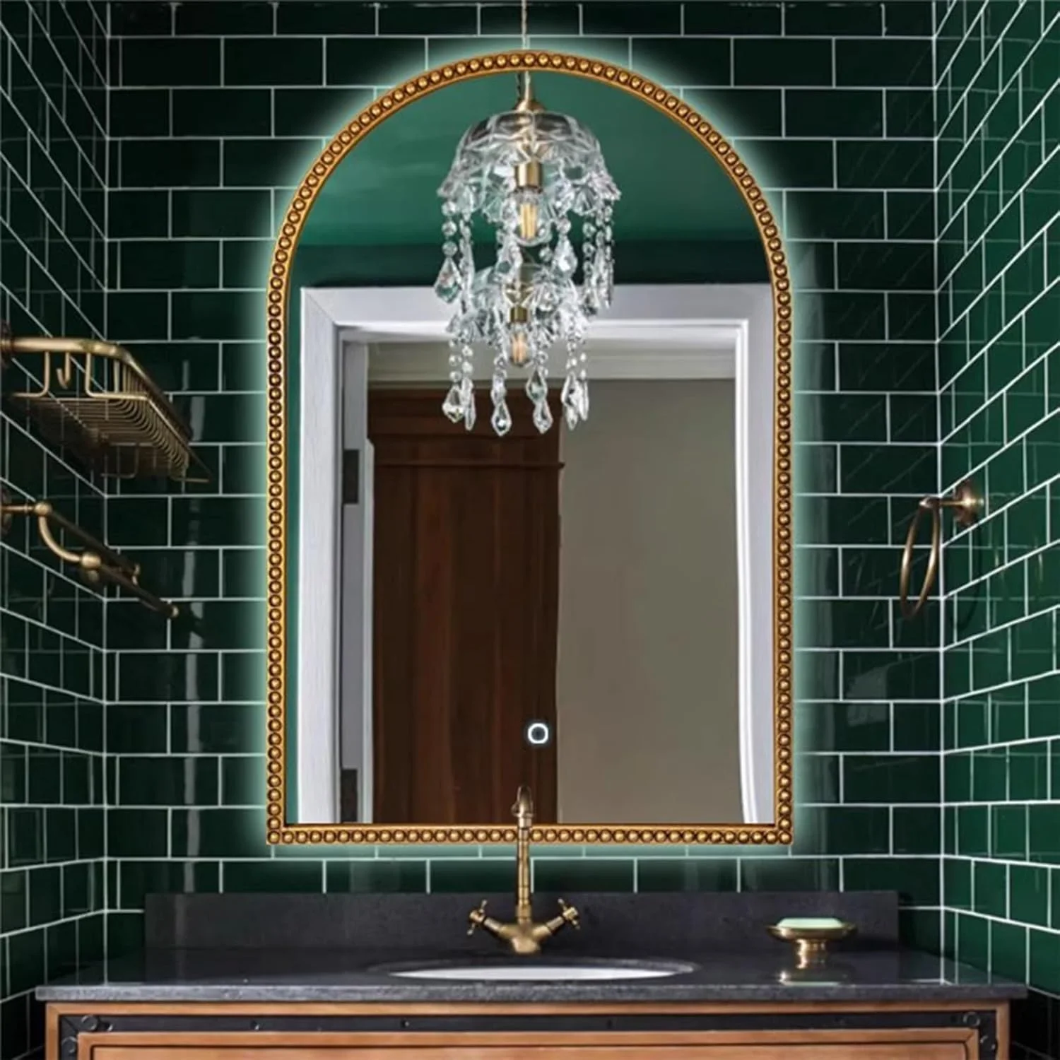 آینه قوسی حمام، دکوراسیون آینه برنزی شامپاین برای حمام، آینه ضد بخار هوشمند حمام، کلید لمسی، آینه HD ضد انفجار حمام با چراغ، مناسب برای هر دکوراسیون منزل (نور عتیقه)