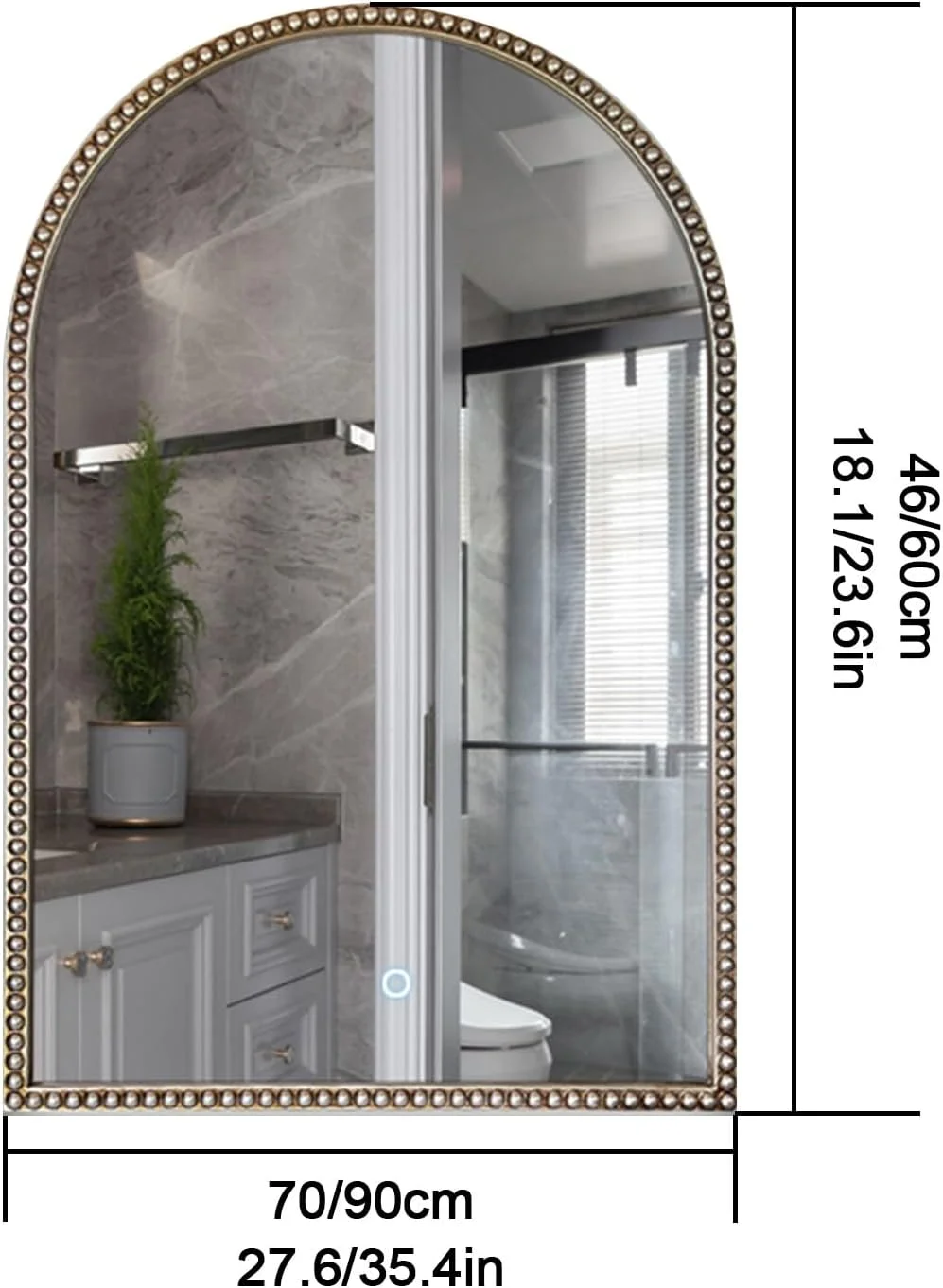 آینه قوسی حمام، دکوراسیون آینه برنزی شامپاین برای حمام، آینه ضد بخار هوشمند حمام، کلید لمسی، آینه HD ضد انفجار حمام با چراغ، مناسب برای هر دکوراسیون منزل (نور عتیقه)