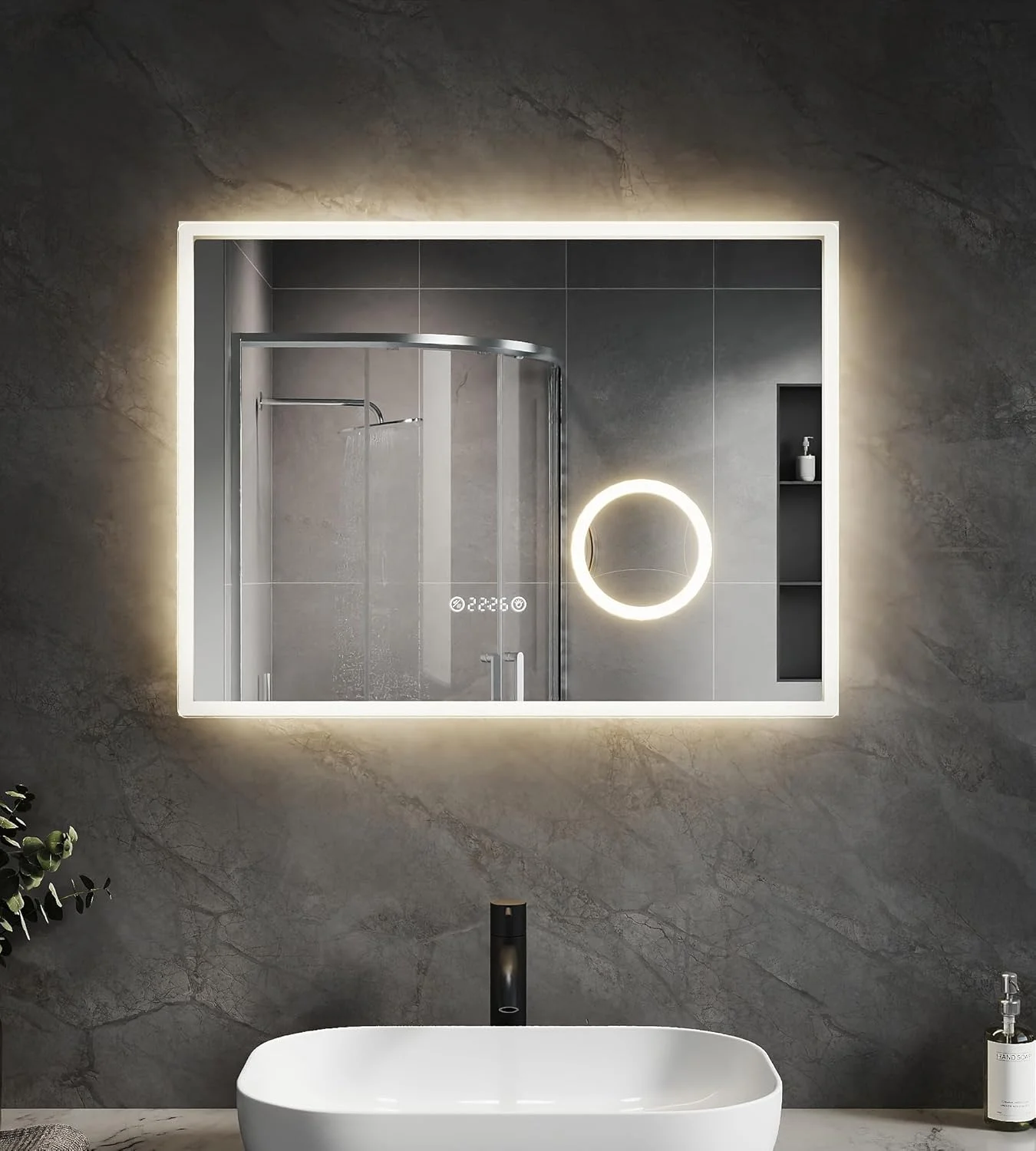 آینه حمام LED با آینه آرایشی مات بدون مس 4 میلی متری، آینه حمام چند منظوره دیواری، لبه پخ دار R10، ضد بخار، کنترل لمسی، آینه هوشمند LED