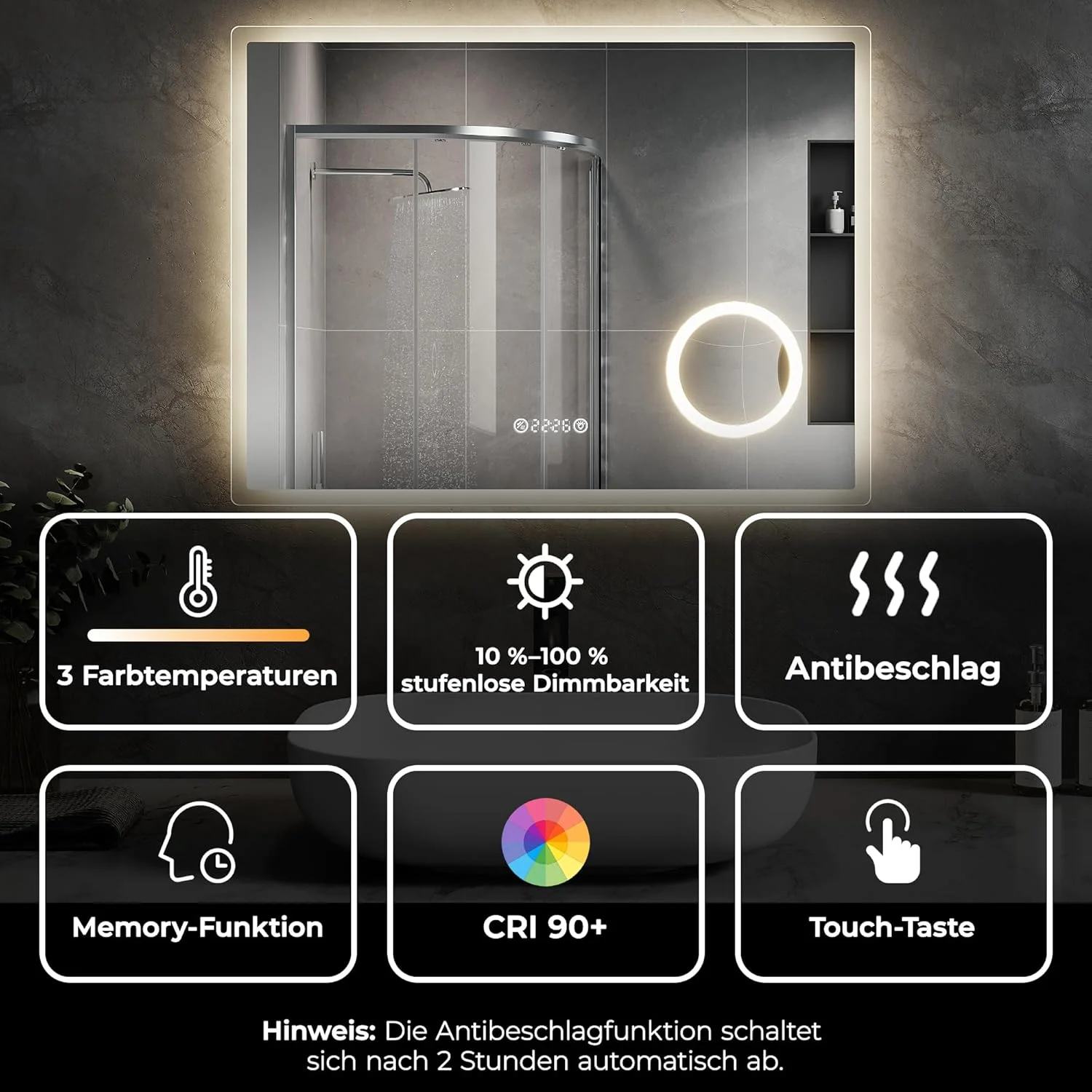 آینه حمام LED با آینه آرایشی مات بدون مس 4 میلی متری، آینه حمام چند منظوره دیواری، لبه پخ دار R10، ضد بخار، کنترل لمسی، آینه هوشمند LED