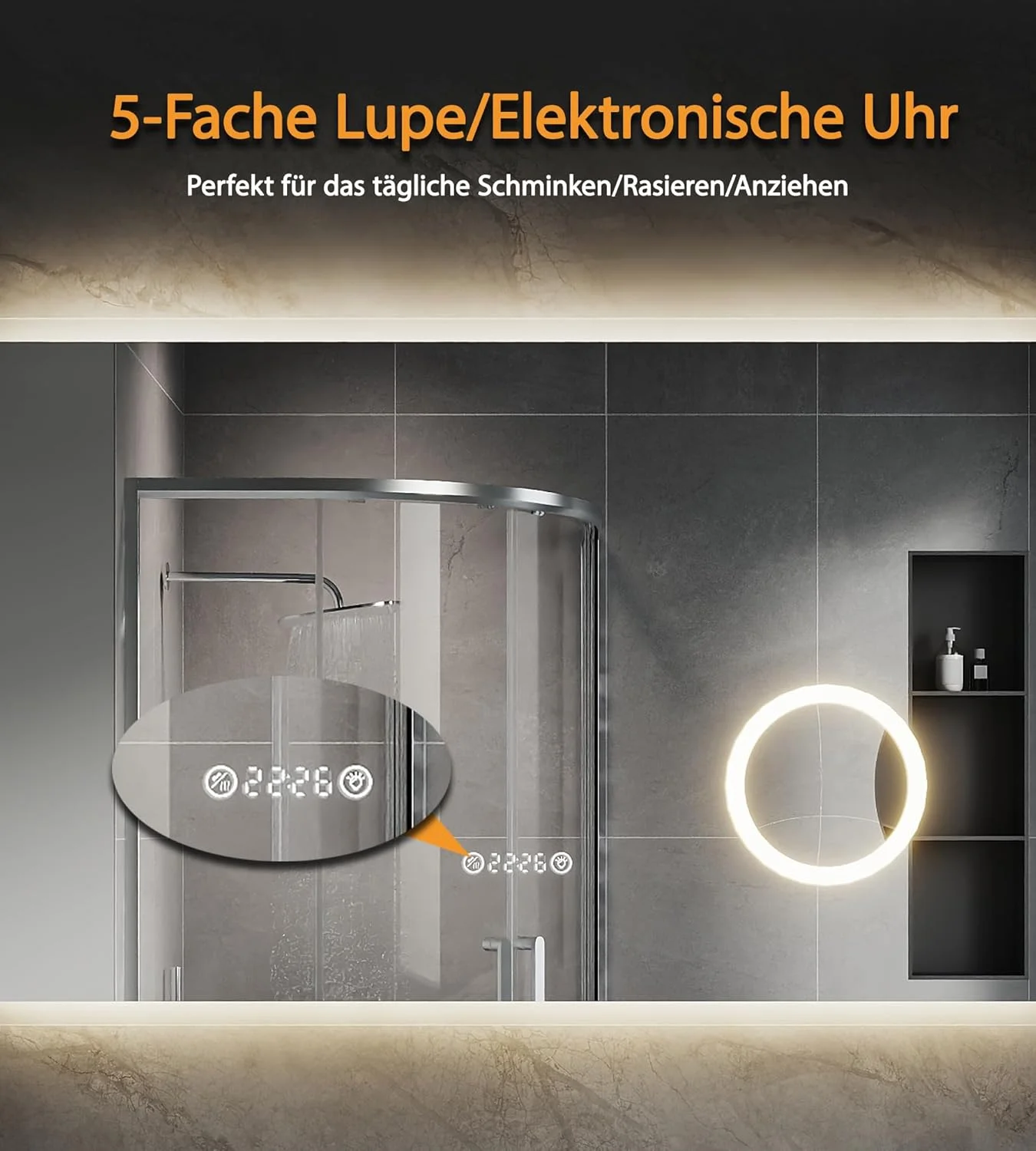 آینه حمام LED با آینه آرایشی مات بدون مس 4 میلی متری، آینه حمام چند منظوره دیواری، لبه پخ دار R10، ضد بخار، کنترل لمسی، آینه هوشمند LED