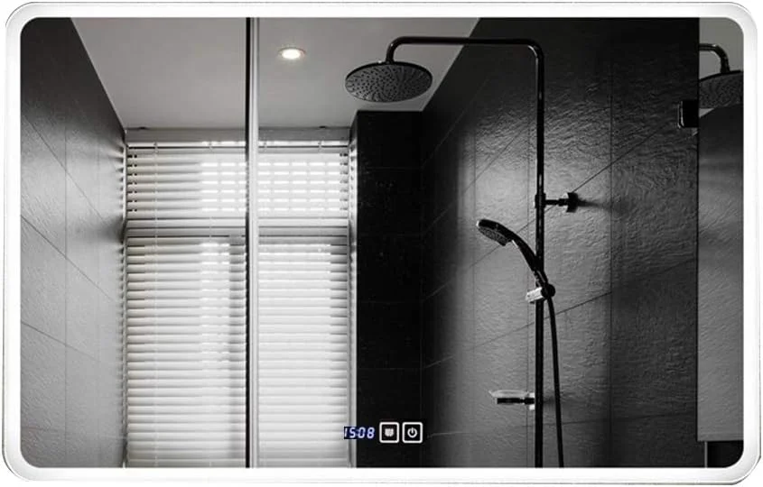 آینه های حمام LED HD نقره ای بدون مس، آینه آرایشی دیواری با کلید لمسی دوتایی ضد بخار نمایش زمان/دما، نور گرم - 70x90 سانتی متر