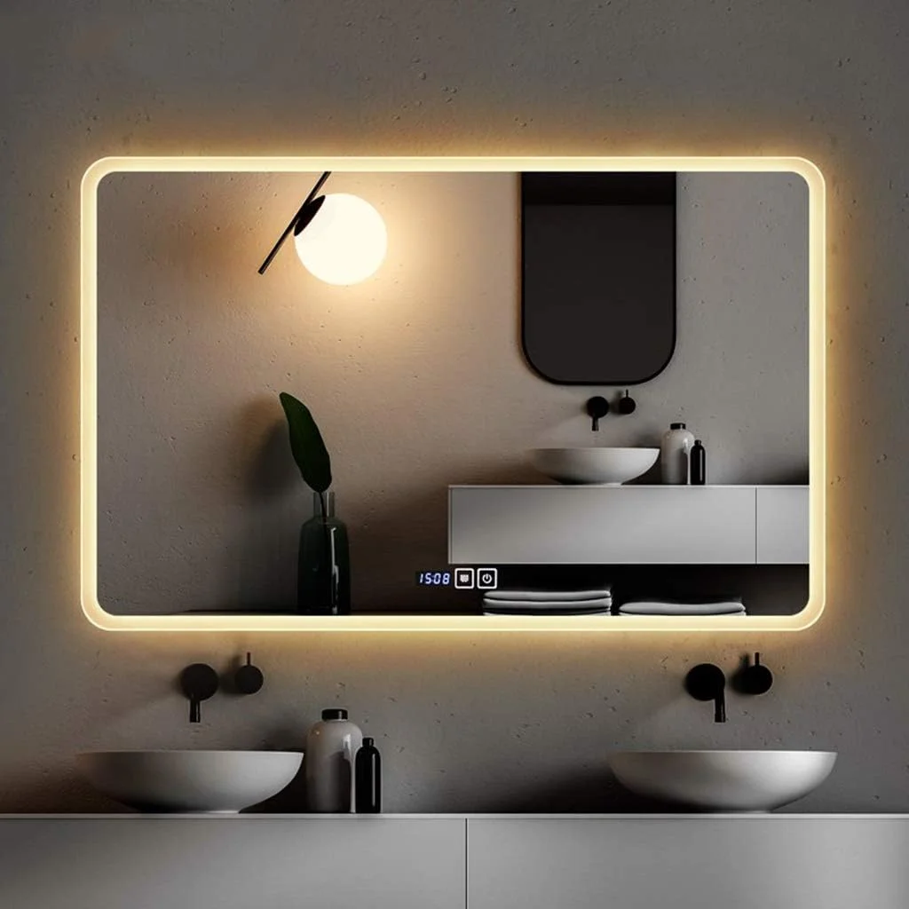 آینه های حمام LED HD نقره ای بدون مس، آینه آرایشی دیواری با کلید لمسی دوتایی ضد بخار نمایش زمان/دما، نور گرم - 70x90 سانتی متر