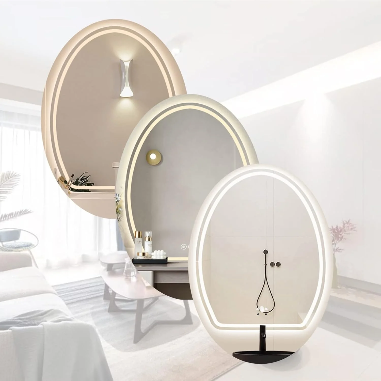 آینه بیضی شکل حمام با چراغ های ال ای دی، آینه دیواری نامنظم خلاقانه، آینه آرایش بدون قاب، 3 رنگ نور ال ای دی، دیمر دار، لمسی سنسوری، IP44 (اندازه: 50X60cm) (23.6"L x 19.7