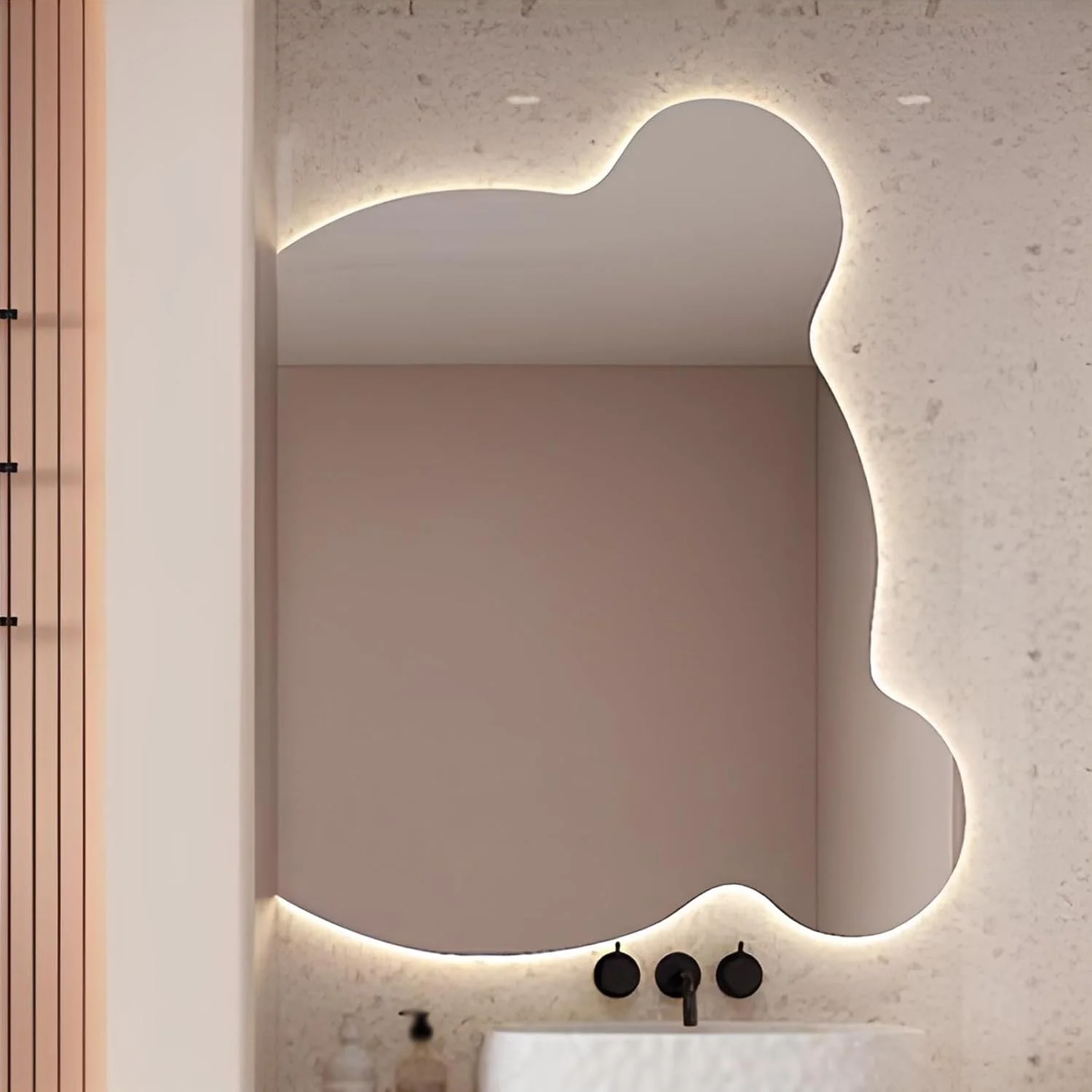 آینه دیواری تزئینی بزرگ خرسی با نور پس زمینه برای حمام، دارای دیمر سه رنگ/نمایش زمان و دما، افقی/عمودی (افقی چپ، 60x80 سانتی متر) (راست)