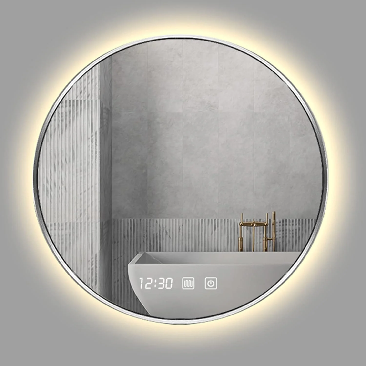 آینه ال ای دی حمام، آینه دیواری، دارای دیمر و کلید لمسی، 3 رنگ ال ای دی قابل تنظیم، قاب آلیاژ آلومینیوم، آینه آرایش ال ای دی حمام، نمایشگر زمان، قاب نقره ای - 70 سانتی متر