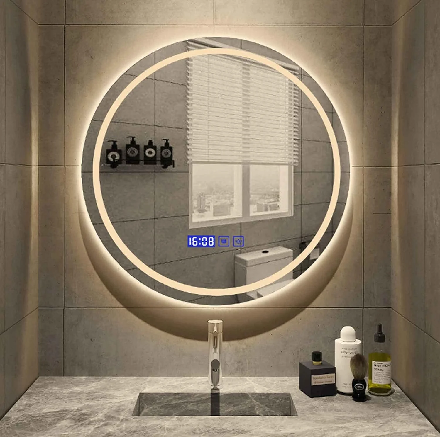 آینه حمام LED دیواری با دیمر لمسی، نمایشگر دما و زمان، نور سفید گرم/خنثی/سرد، مناسب برای آرایش در حمام و اتاق خواب، نور گرم - 80 سانتی متر