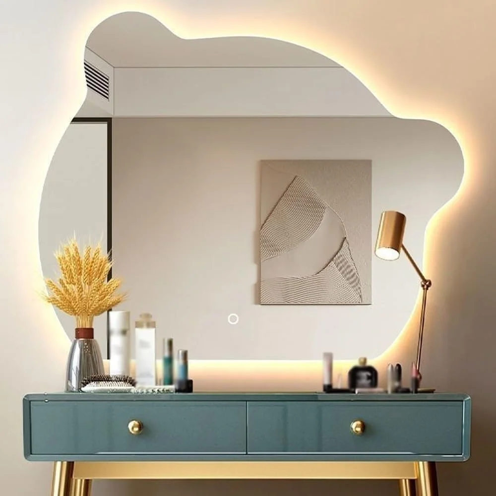 آینه دیواری تزئینی بزرگ خرسی با نور پس زمینه برای حمام، دارای دیمر سه رنگ/نمایش زمان و دما، افقی/عمودی (افقی چپ، 60x80 سانتی متر) (راست)