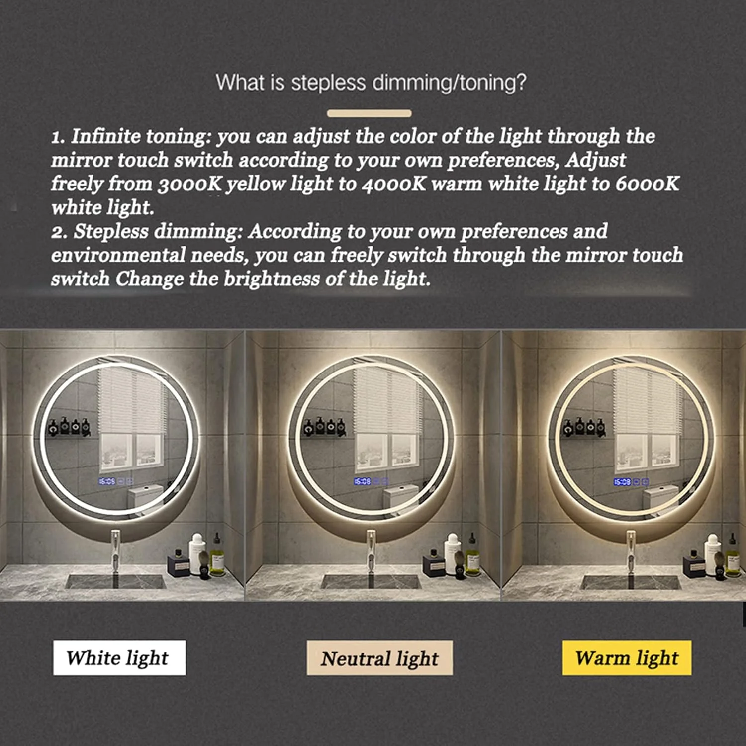 آینه حمام LED دیواری با دیمر لمسی، نمایشگر دما و زمان، نور سفید گرم/خنثی/سرد، مناسب برای آرایش در حمام و اتاق خواب، نور گرم - 80 سانتی متر آینه حمام LED دیواری با دیمر لمسی، نمایشگر دما و زمان، نور سفید گرم/خنثی/سرد، مناسب برای آرایش در حمام و اتاق خواب، نور گرم - 80 سانتی متر