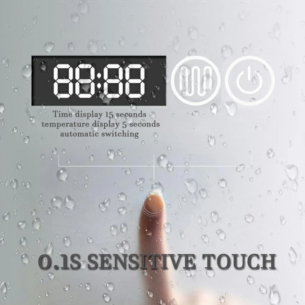 آینه دیواری تزئینی بزرگ خرسی با نور پس زمینه برای حمام، دارای دیمر سه رنگ/نمایش زمان و دما، افقی/عمودی (افقی چپ، 60x80 سانتی متر) (راست)