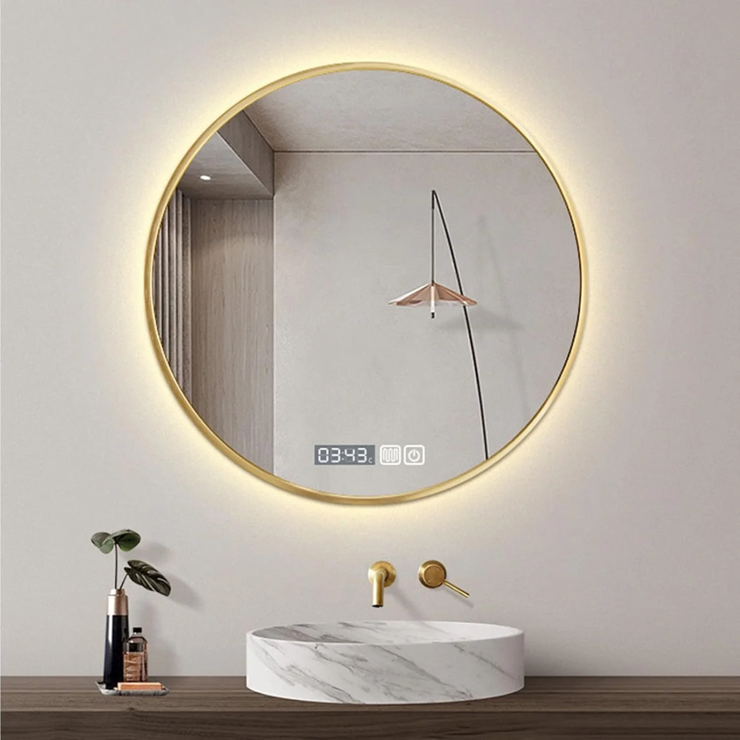 آینه گرد حمام با نور ال ای دی، آینه روشویی دیواری، ضد بخار هوشمند، کلید لمسی، آینه دیواری با قابلیت تنظیم نور، آینه روشویی تزئینی برای ورودی اتاق نشیمن (50 سانتی متر)