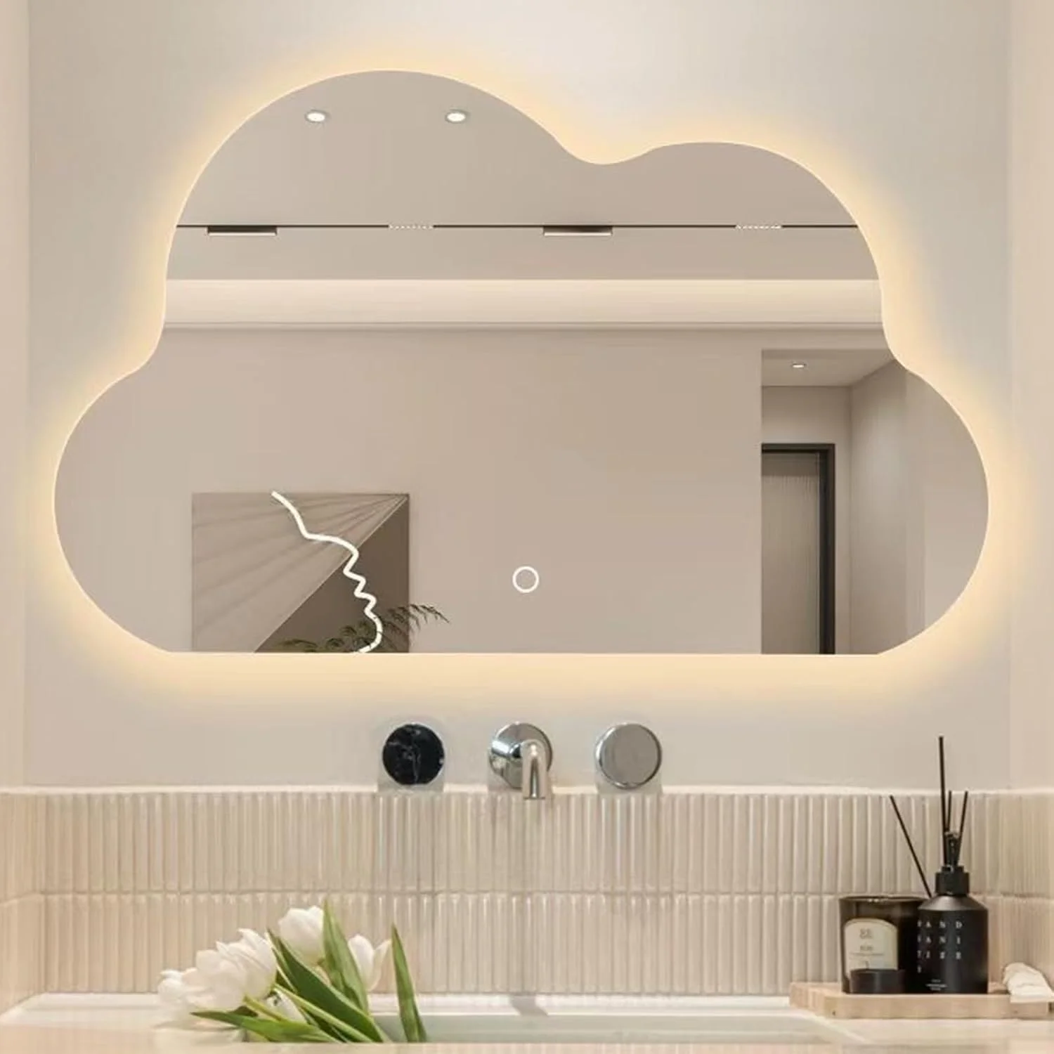 آینه حمام LED، آینه حمام طرح ابر، آینه دیواری ضد بخار هوشمند، ایمن و ضد انفجار، آینه انتزاعی ارگانیک برای اتاق نشیمن، حمام، اتاق خواب، ورودی (60*90 سانتی متر)