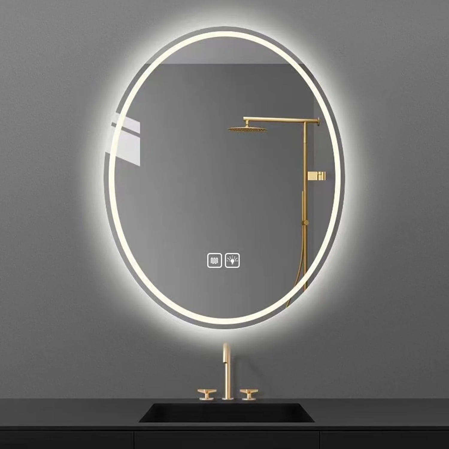 آینه حمام LED بیضی شکل، آینه ضد بخار هوشمند حمام، کلید لمسی، آینه روشویی دیواری با نور سه رنگ قابل تنظیم برای حمام، اتاق خواب، هتل (نور سفید، 50*70 سانتی متر)