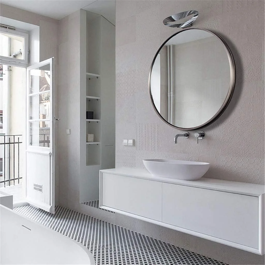 آینه آرایشی گرد، آینه دکوراتیو نقره ای ساده، آینه استیل ضد زنگ ضد آب و ضد بخار، آینه بزرگ مناسب آرایش، مدل های متنوع (سایز: 60 * 60 سانتی متر)