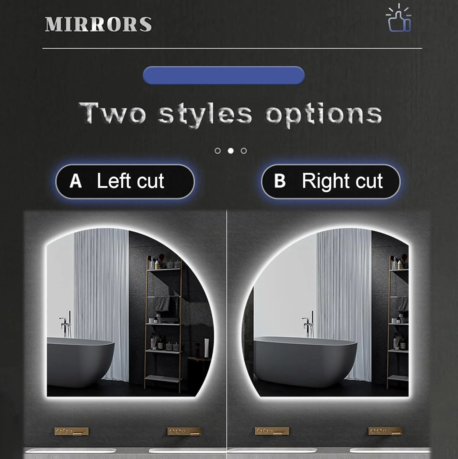 آینه حمام با نور ال ای دی، 50cm 60cm 70cm 80cm آینه دیواری با پد ضد بخار، آینه روشویی نیم دایره، آینه آرایش، نور ال ای دی سه رنگ دیمر دار، کلید لمسی هوشمند (سایز: 50cm، رنگ: برش چپ)