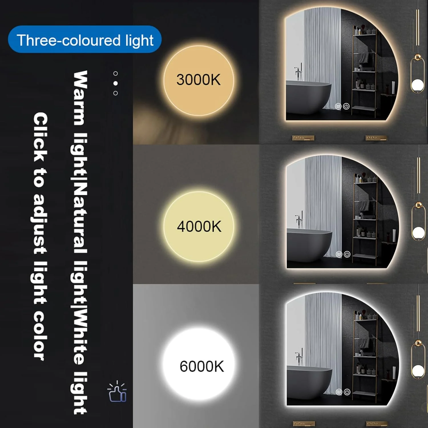 آینه حمام با نور ال ای دی، 50cm 60cm 70cm 80cm آینه دیواری با پد ضد بخار، آینه روشویی نیم دایره، آینه آرایش، نور ال ای دی سه رنگ دیمر دار، کلید لمسی هوشمند (سایز: 50cm، رنگ: برش چپ)