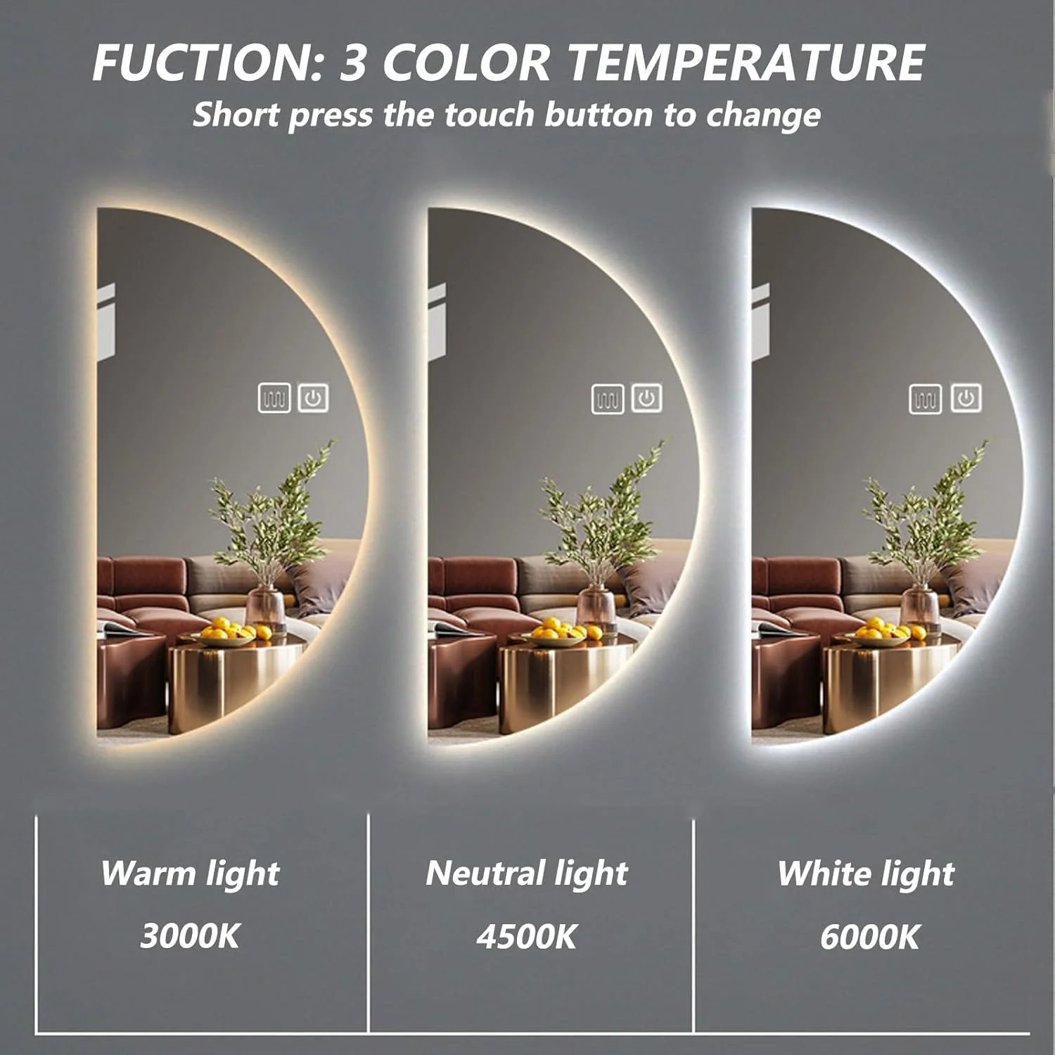 آینه حمام LED با چراغ های LED، آینه حمام دیواری با پد ضد بخار و کلید لمسی، آینه حمام نیم دایره ای نورانی، 3 رنگ قابل تنظیم (رنگ: چپ، اندازه: 40*80 سانتی متر)