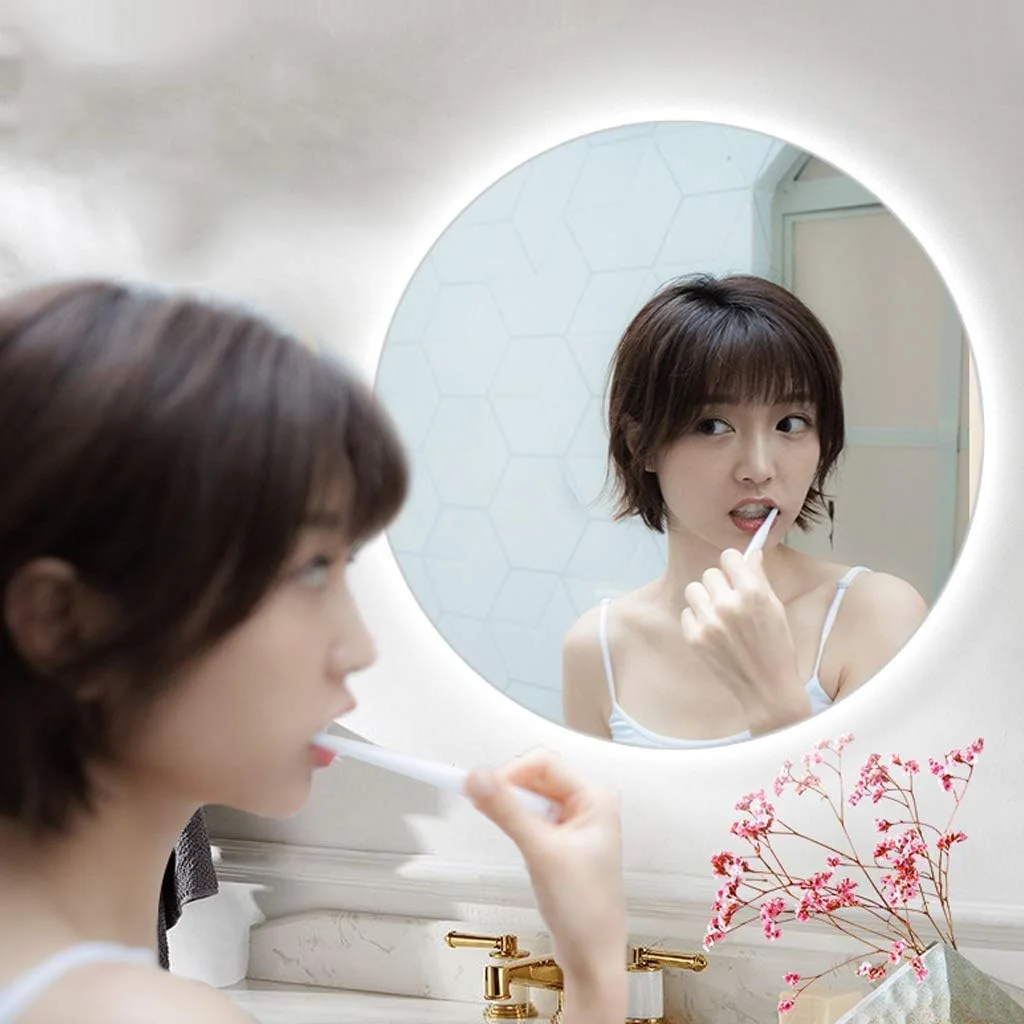 آینه آرایشی، آینه حمام، آینه رومیزی، آینه نورانی با کلیدهای حسگر LED، پد حرارتی ضد بخار | نور سفید/نور گرم، نصب دیواری، گرد/نور گرم/60 سانتی متر (رنگ: نور گرم، اندازه: 60 سانتی متر)