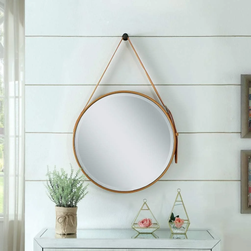 آینه آرایشی، آینه حمام، آینه رومیزی دایره ای با قاب چرمی و آویز زنجیری، نصب آسان برای دکوراسیون منزل /a/60Cm (رنگ: A، اندازه: 50Cm(19.7 اینچ))