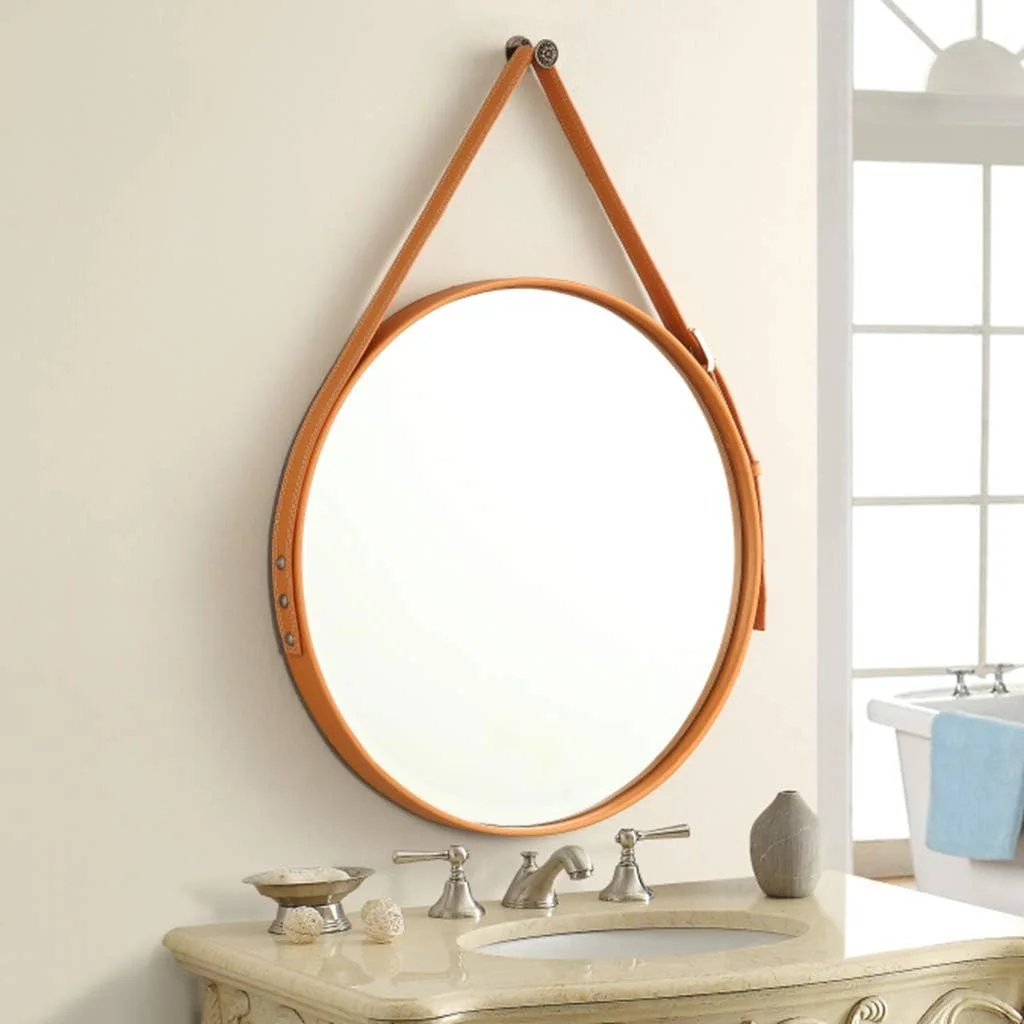 آینه آرایشی، آینه حمام، آینه رومیزی دایره ای با قاب چرمی و آویز زنجیری، نصب آسان برای دکوراسیون منزل /a/60Cm (رنگ: A، اندازه: 50Cm(19.7 اینچ))