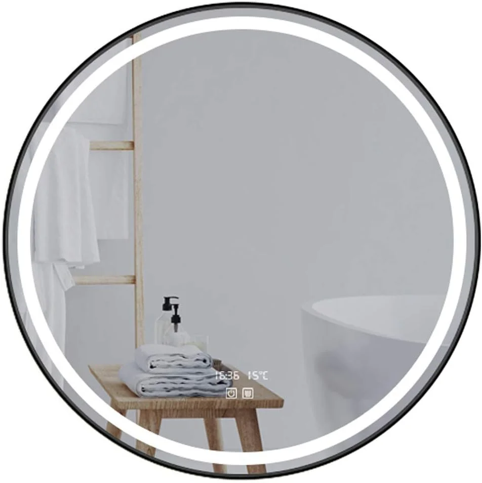 آینه آرایشی، آینه حمام، آینه رومیزی، آینه دیواری با نور ال ای دی برای آینه های گرد شیشه ای با کلید لمسی، نمایشگر زمان ضد مه، نور سفید سرد / مشکی / 60 سانتی متر